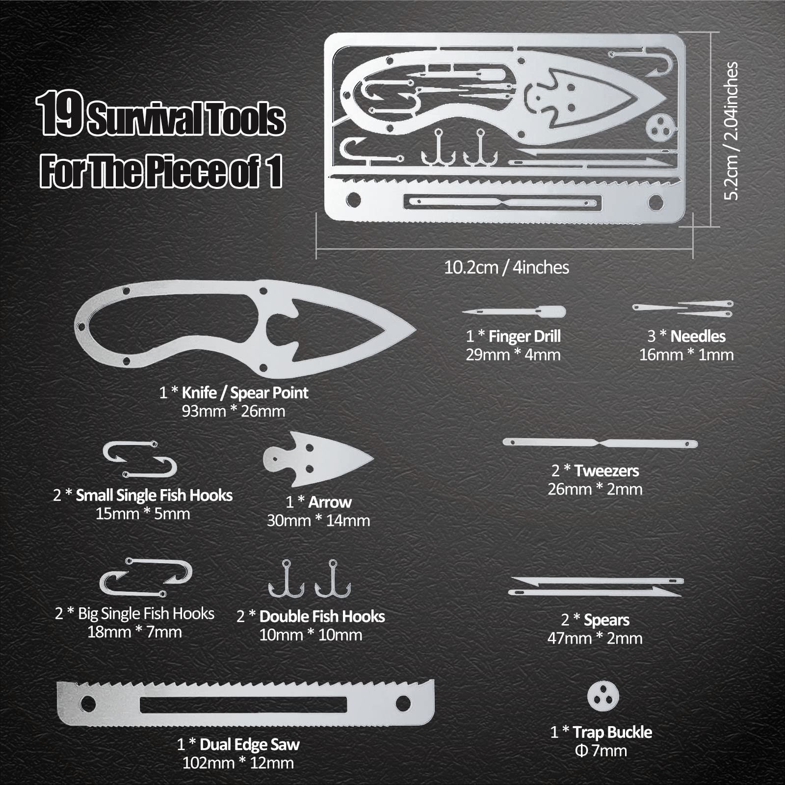 Hukado 9PCS Survival Card Multitool Camping Kit with Fishing 9Pcs, silver