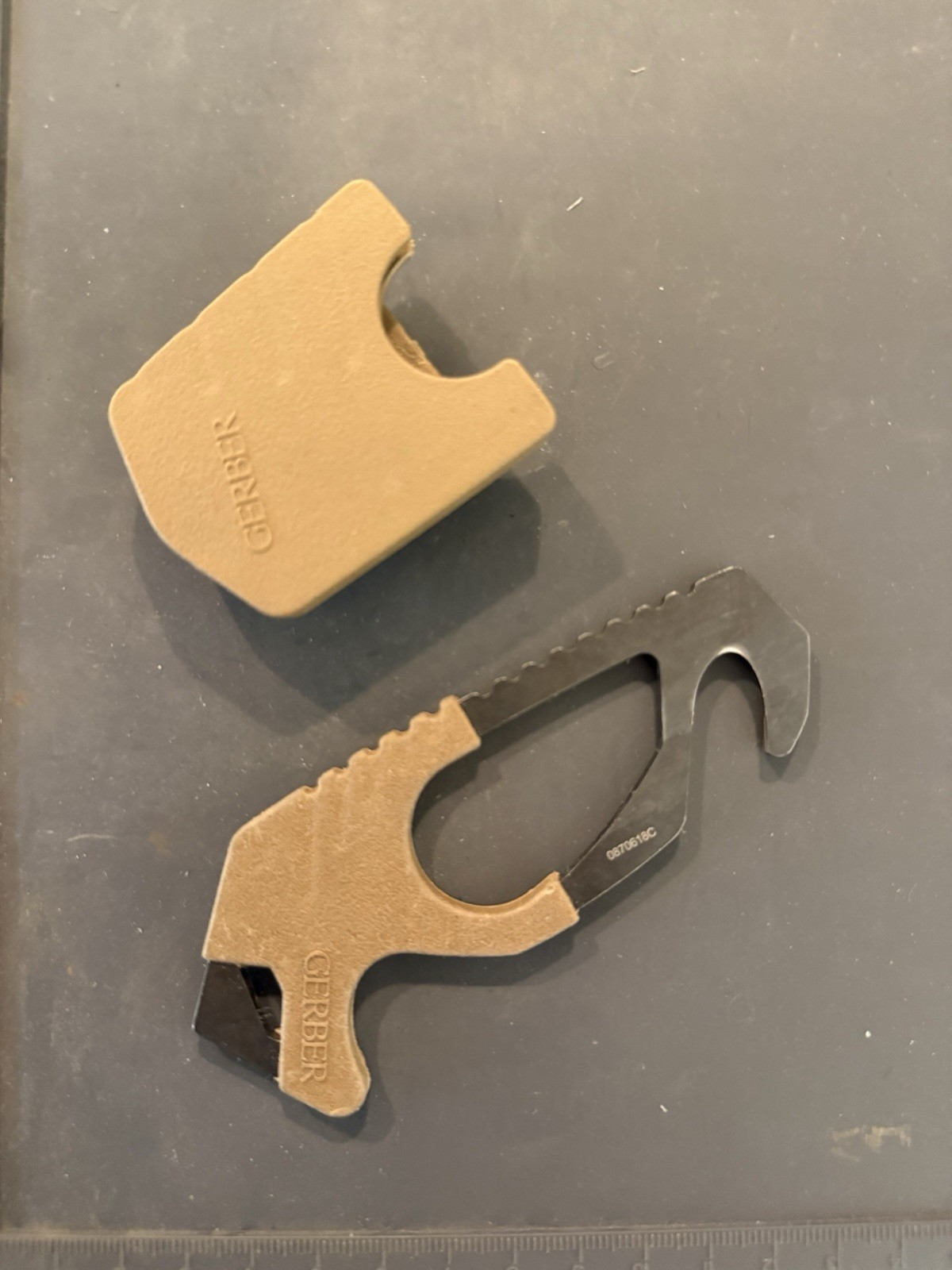 Gerber Strap Safety Cutter w/ Glass Breaker Coyote Brown Sheath Used