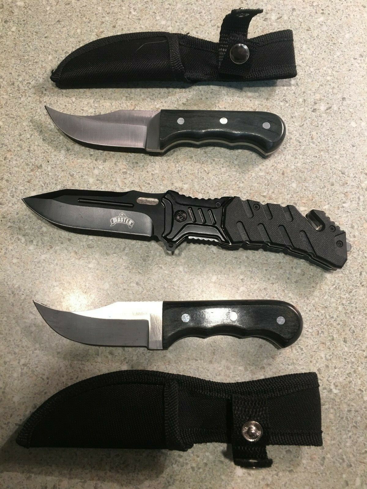 Master USA Black Hunting Tactical Rescue Pocket Knife & 2 Mini -Bowie Knives
