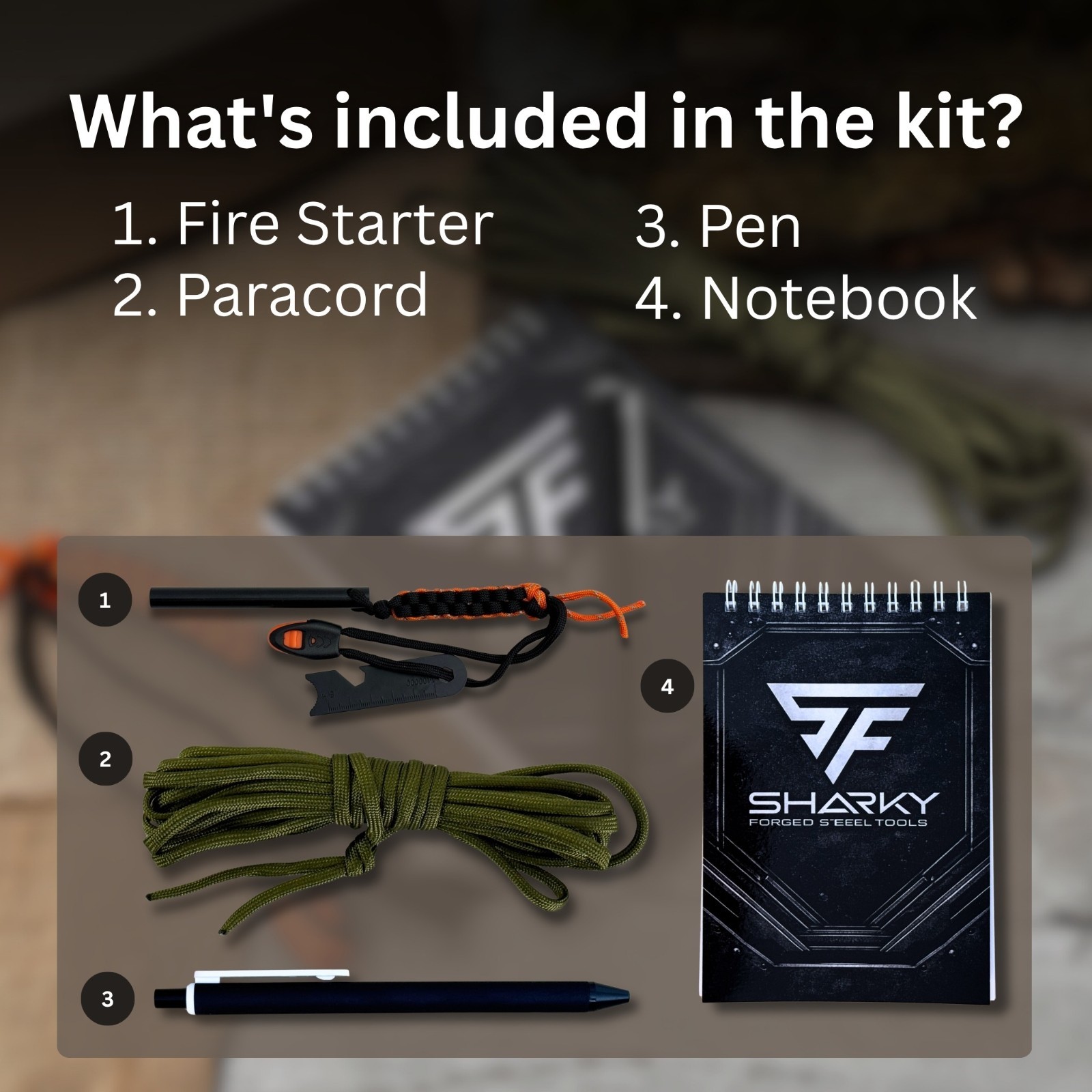Camping Survival Kit with Ferro Rod Notebook Pen Paracord Bushcraft Gear Sharky