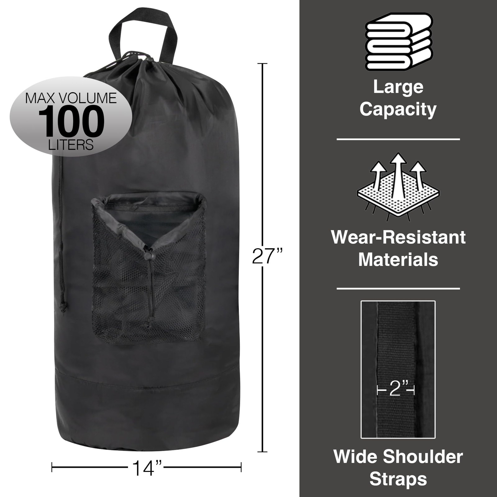 Laundry Bag Backpack with Shoulder Straps and Mesh Large, Charcoal Black