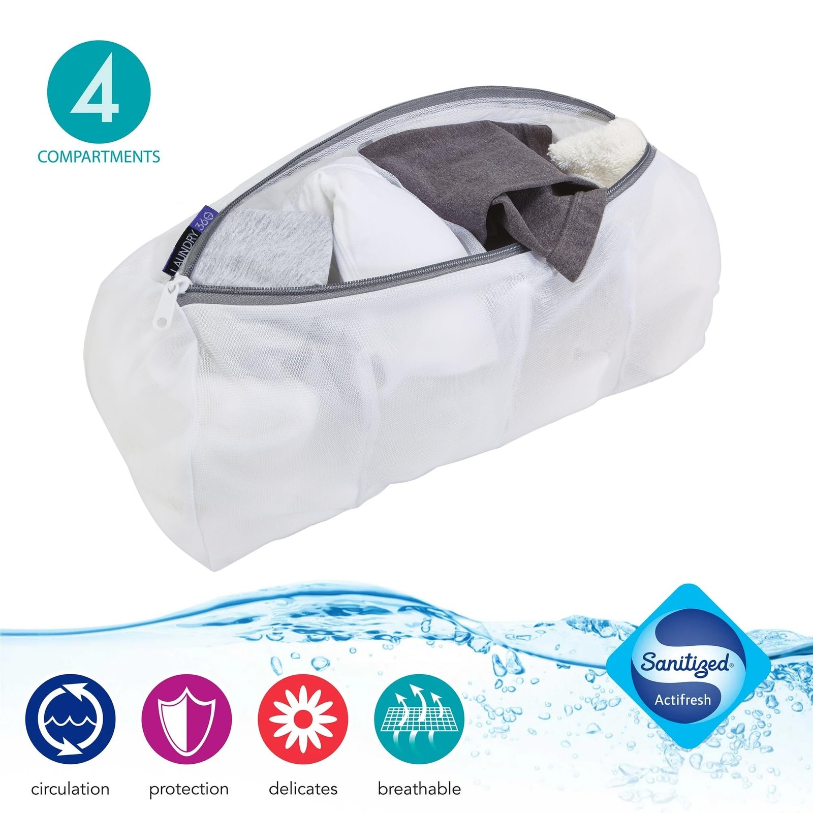 Laundry 360 4 Compartment Hosiery Wash Bag Hoisery Bag, White
