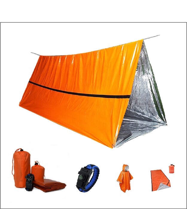4 Piece Survival Kit with Tent, Poncho, Sleeping Bag, and 9-Tool Bracelet
