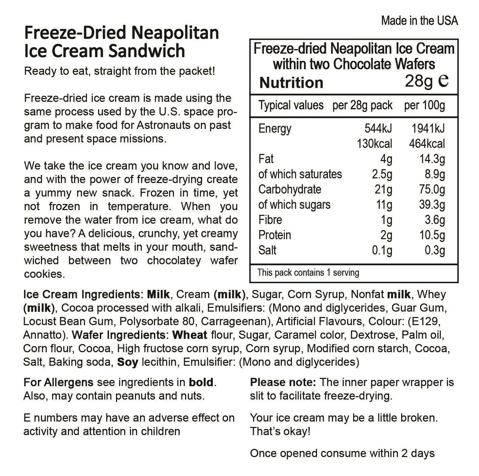 Astronaut Freeze Dried Neapolitan Ice Cream, One Serving Pouch serving