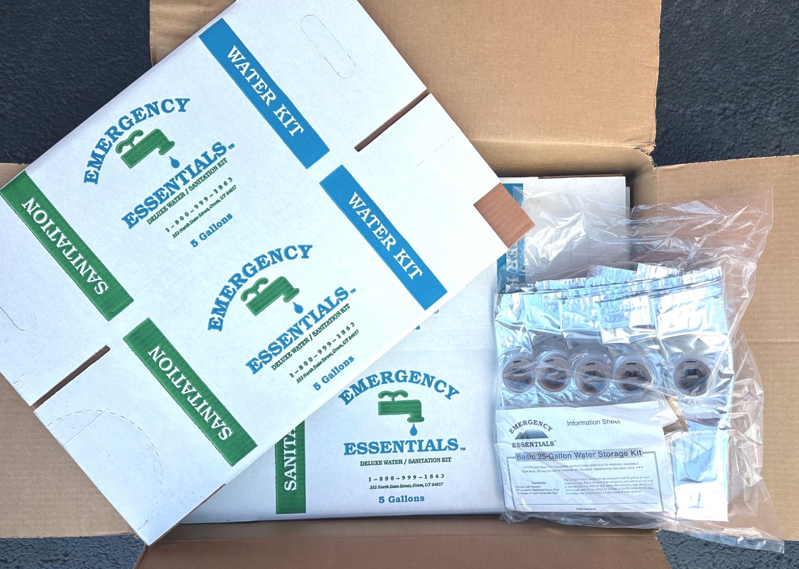 5 PACK EMERGENCY ESSENTIALS (5 X 5 GALLON) DELUXE PORTABLE WATER SANITATION KIT