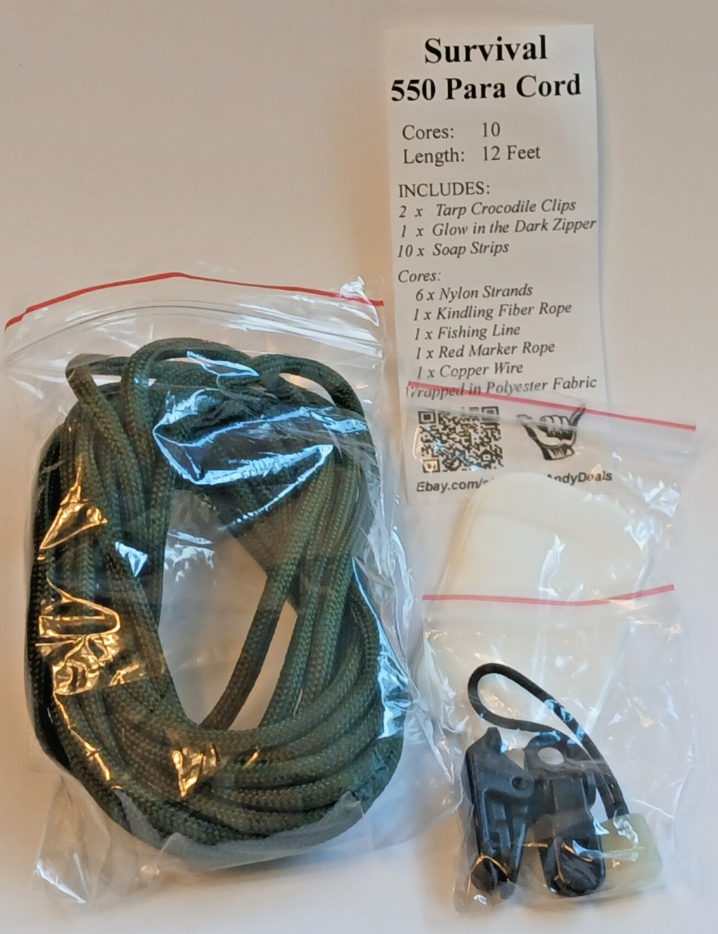 Survival 550 Para Cord, 12′, + 4 Survival Strands =Wire, Fishing, Kindle, Marker