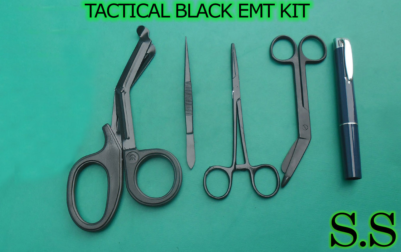 TACTICAL BLACK EMT KIT W/ SHEARS, FORCEPS, PENLIGHTS COMBO PACK- BLACK S.S-309
