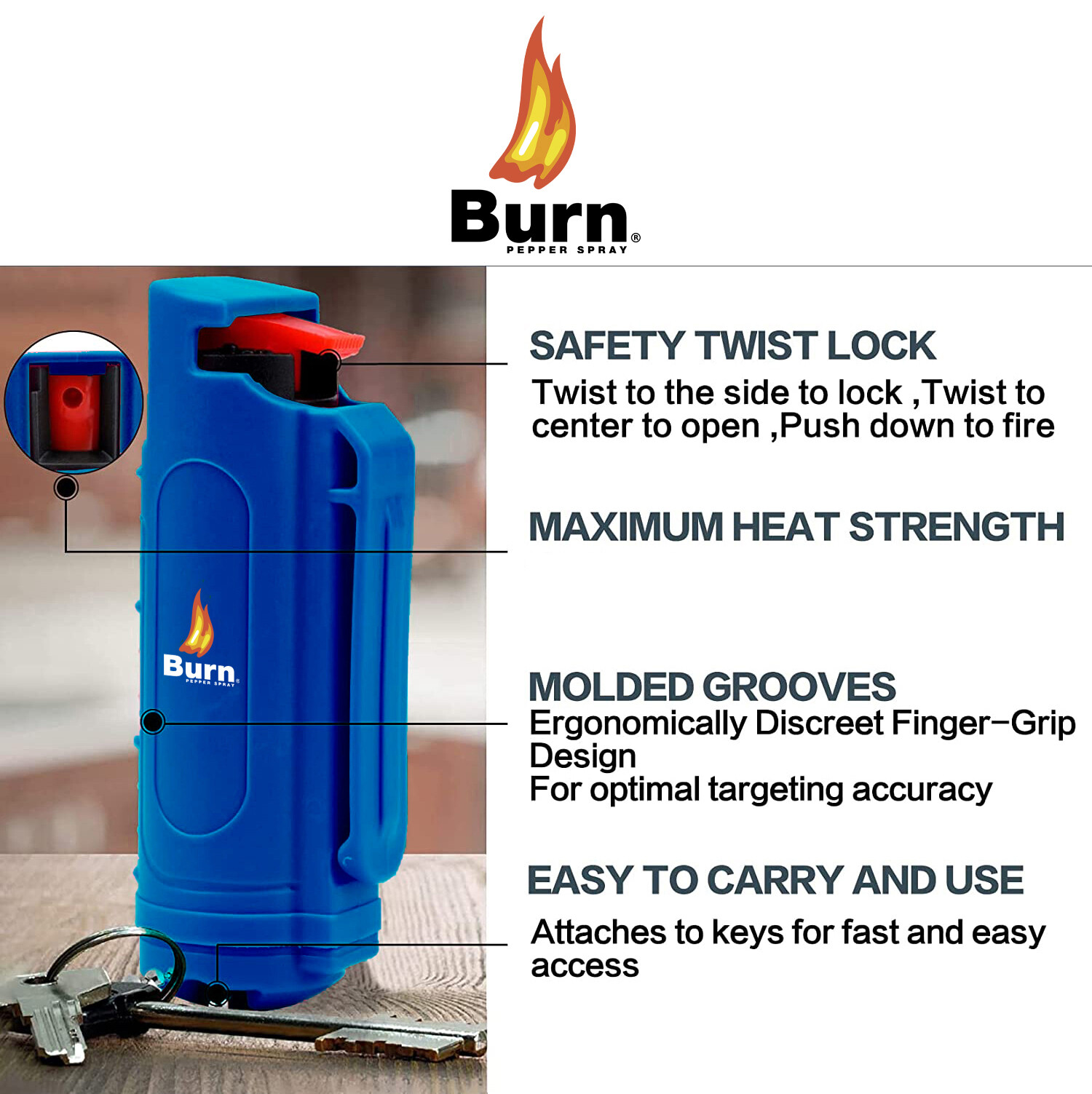 2 PACK BURN Pepper Spray Keychain 1/2oz Self Defense Security Case Molded Blue