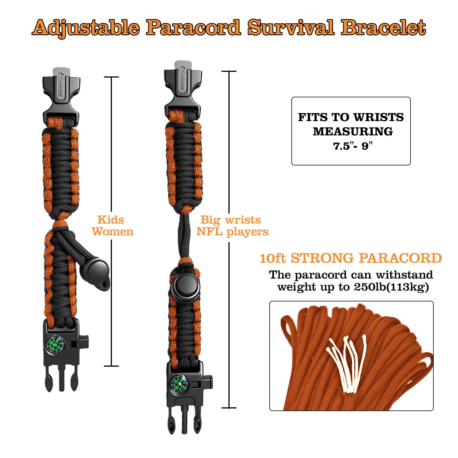 Paracord Survival Bracelet (3 Pack) – Adjustable with Fire Starter, Whistle, …