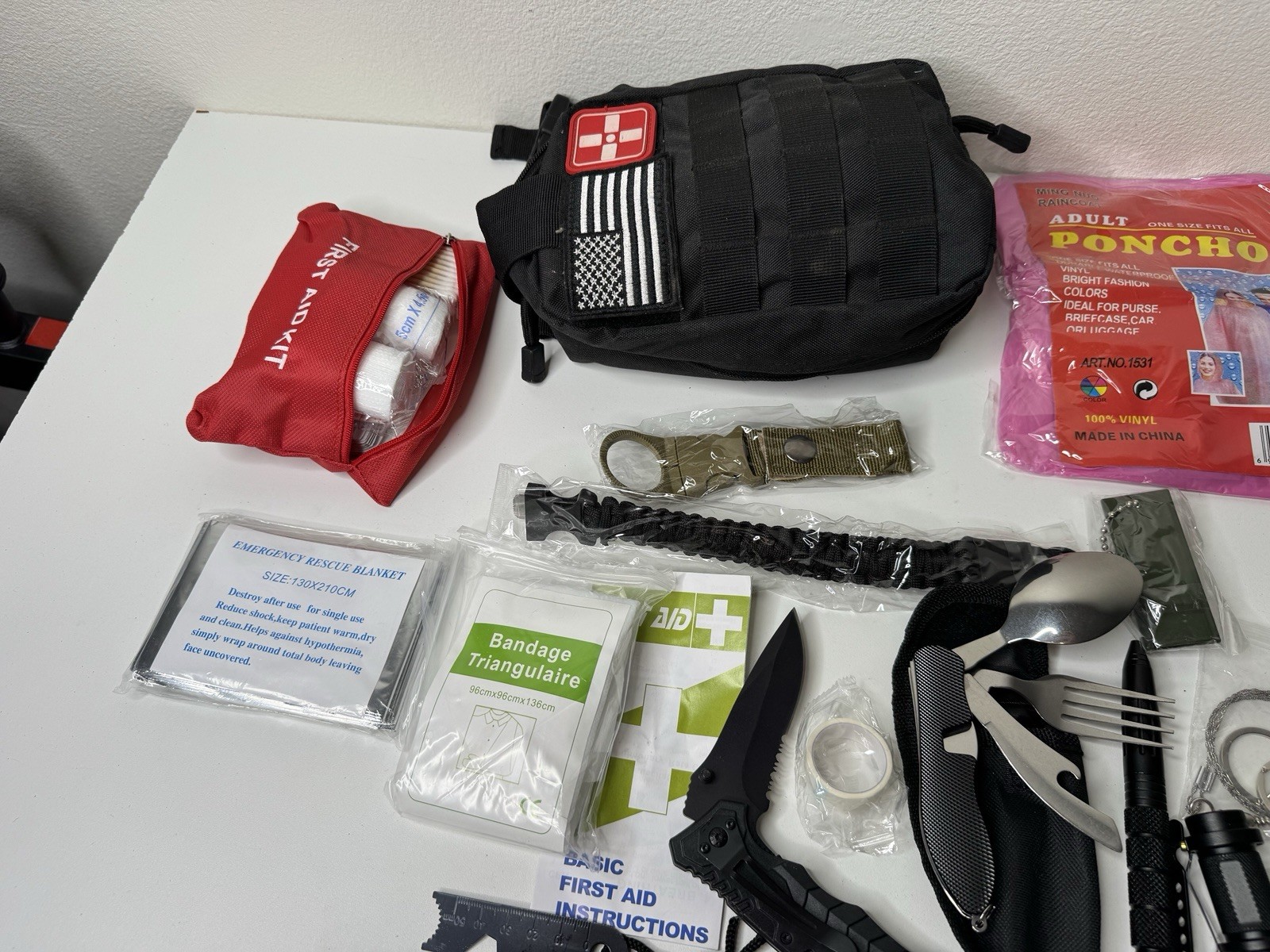 Emergency Survival Kit Bag Multi Tool Set First Aid Poncho Compass Bundle
