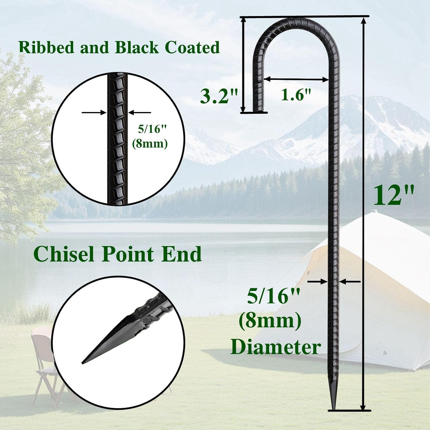 12 Inch Rebar Stakes 50 Pack J Hook Ground J-12"x5/16"-50pcs, Black