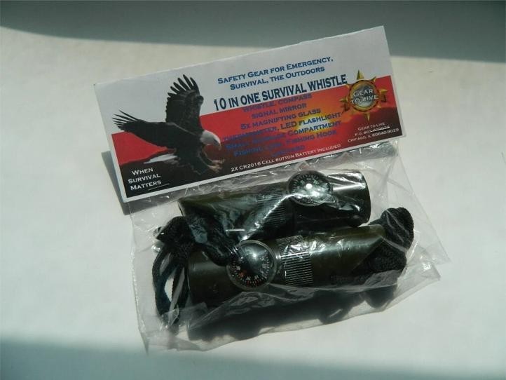 TWO (2) 10 IN 1 SURVIVAL WHISTLES WITH THERMOMETER COMPASS LED MORE FREE SS SAW