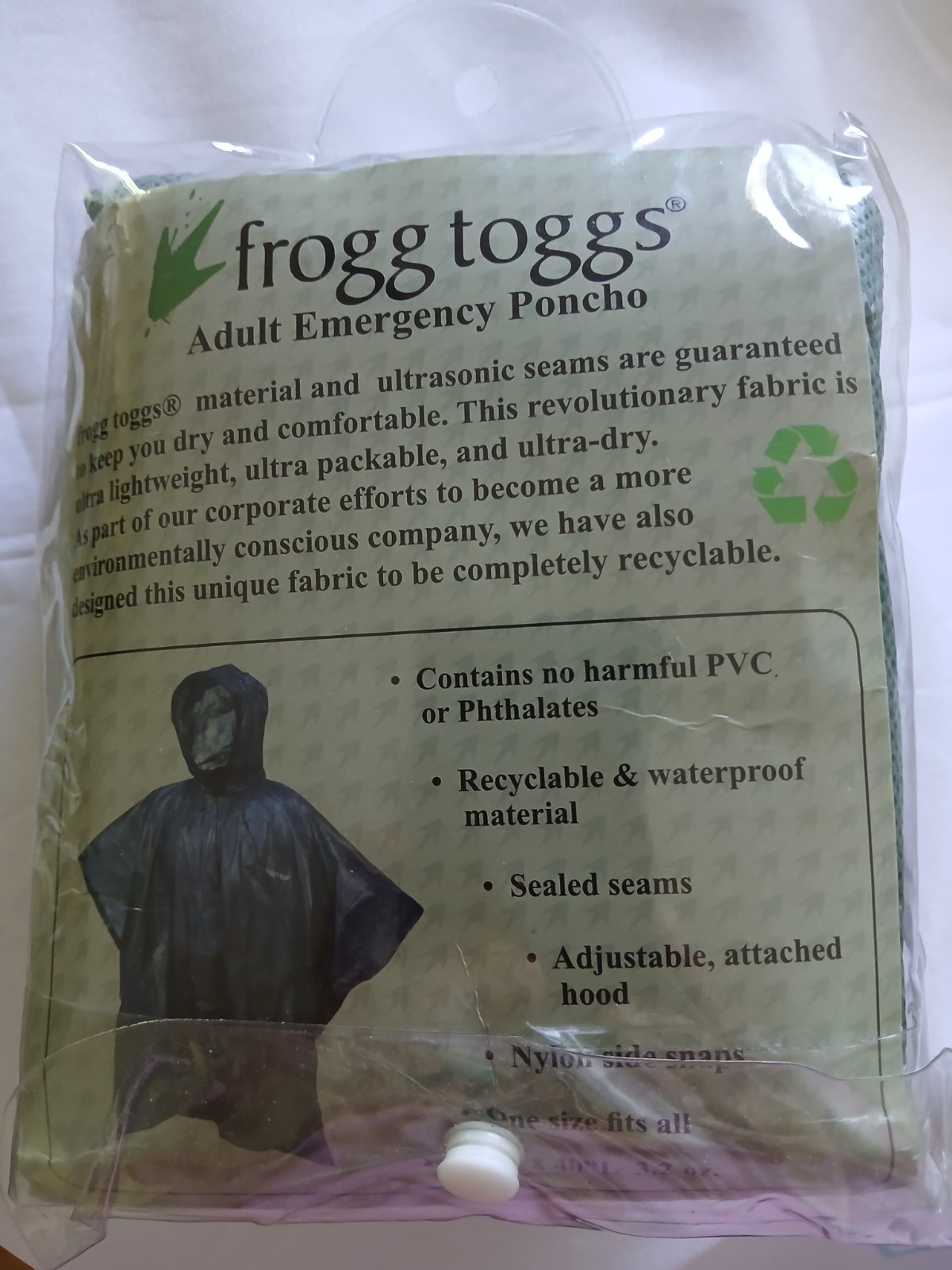 FROGG TOGGS Adult Purple Green Emergency Poncho 1 Size Fits All NEW 44W x 40L
