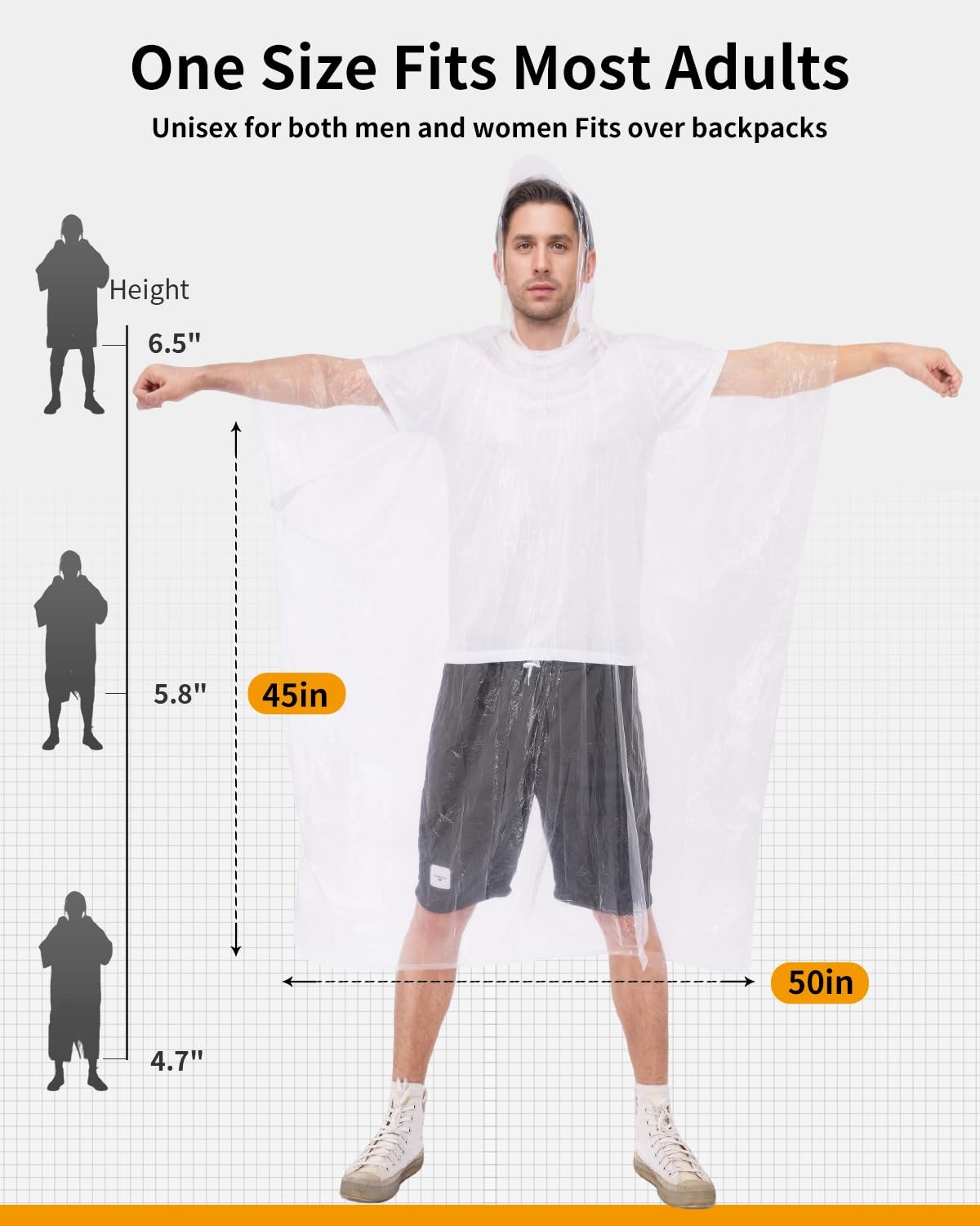 Disposable Rain Ponchos – Extra Long Waterproof One Size Tall, Clear 6pcs