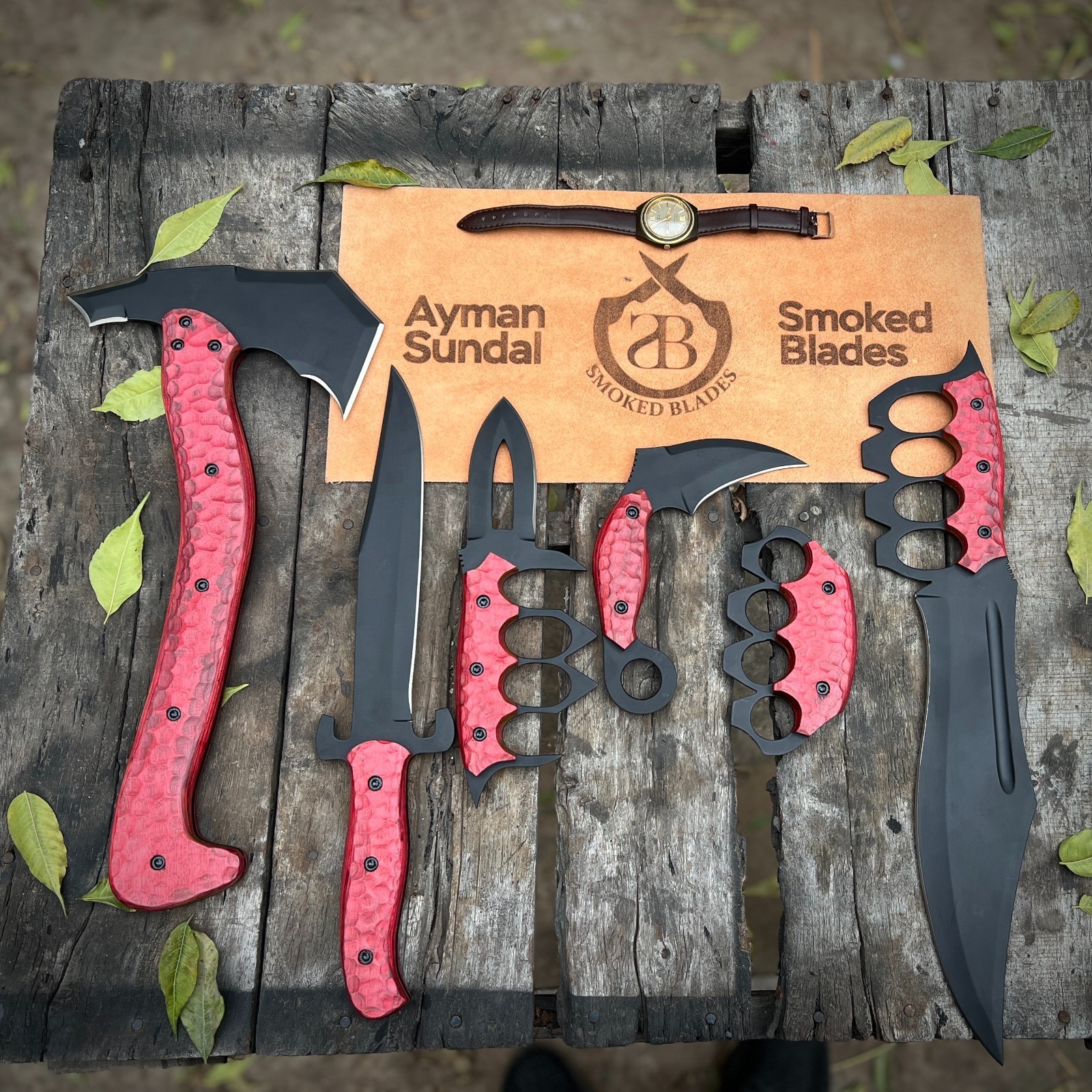 Survival Set Viking Axe Knife & Blade Decorative Display Knives with Red Handles