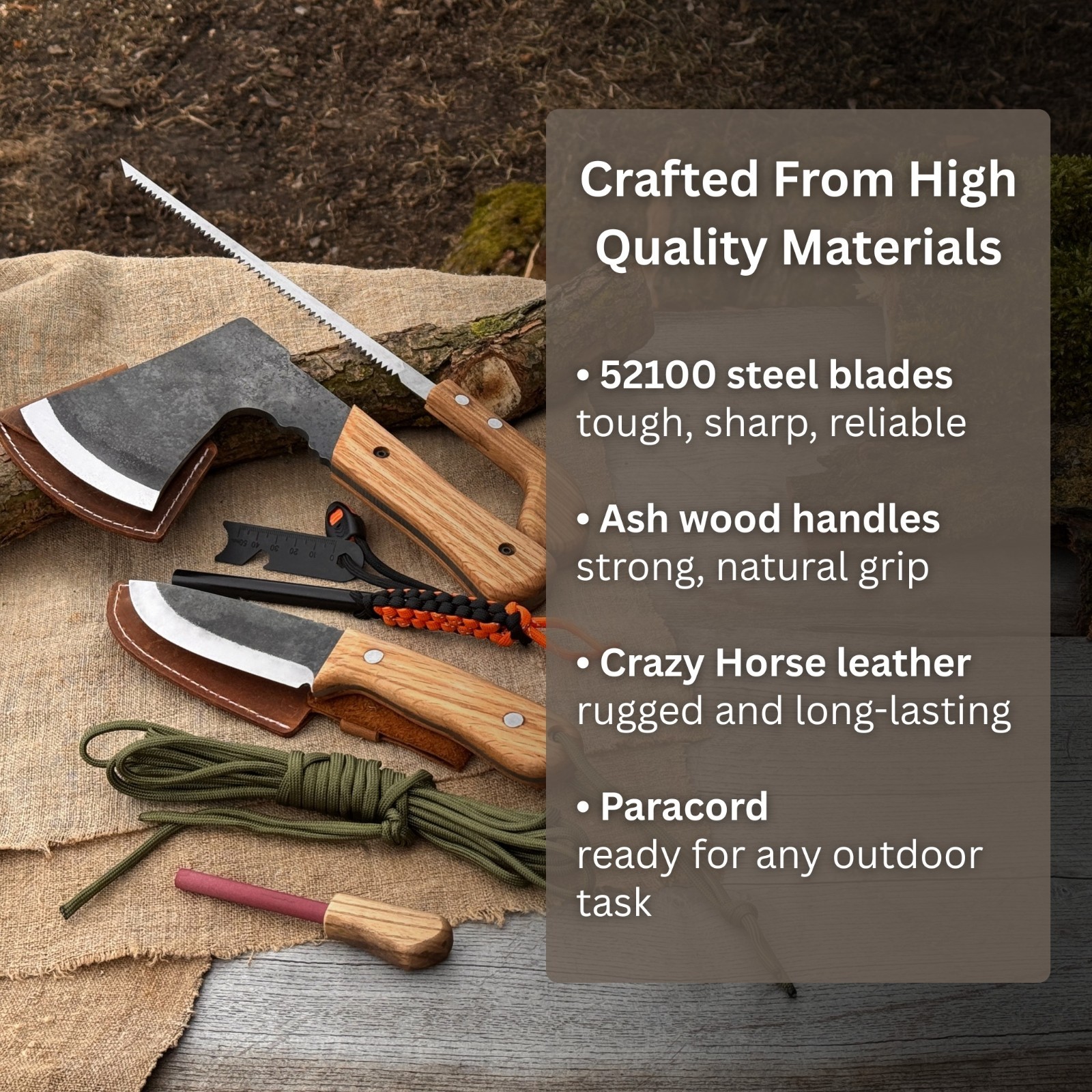 6pc All in One Camping Gear Set 9.84” Axe 9” Bushcraft Knife Saw Ferro Rod