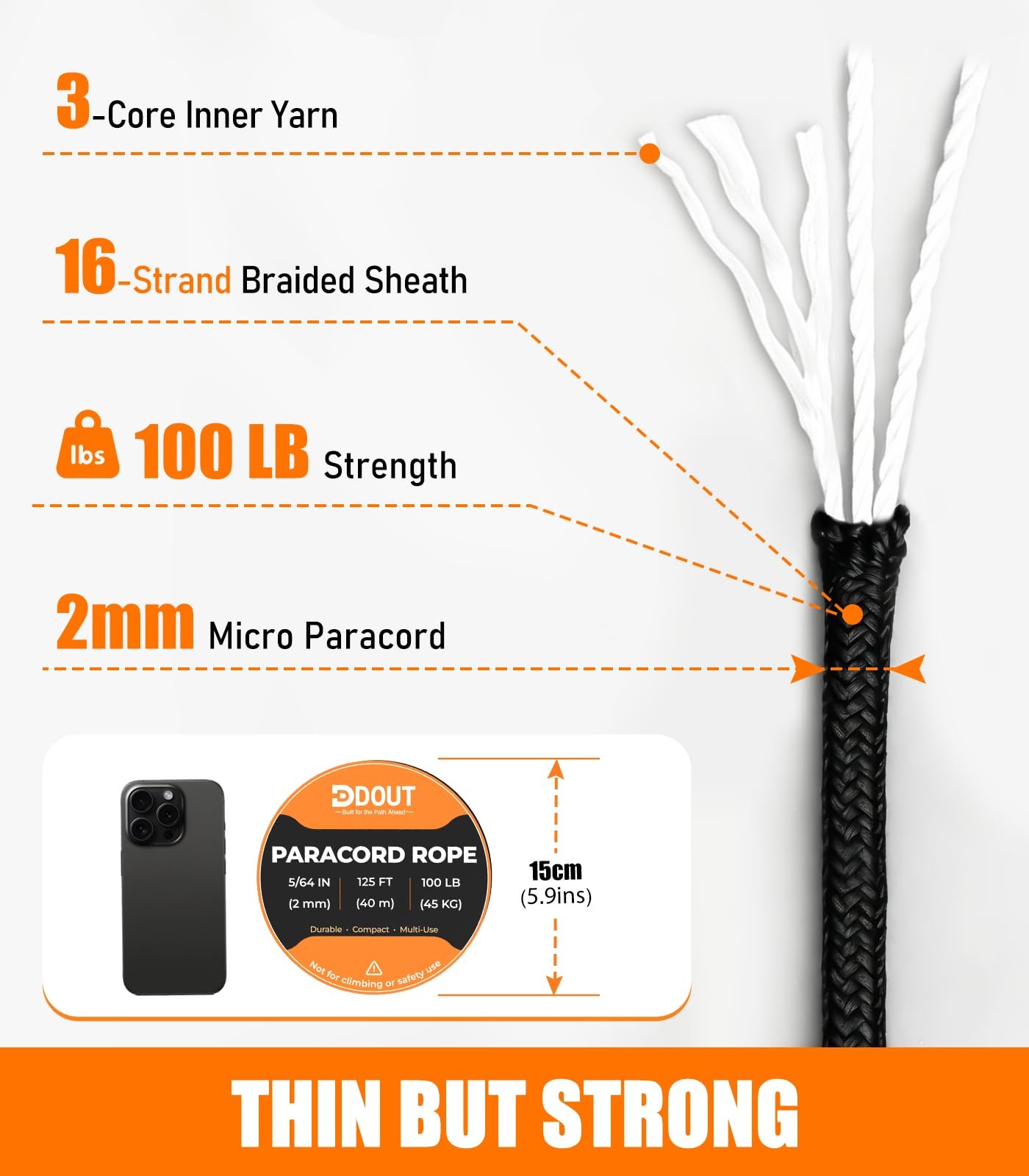 DDOUT 2mm Paracord 100lb, Thin Micro Rope, Black 125FT 125 ft,