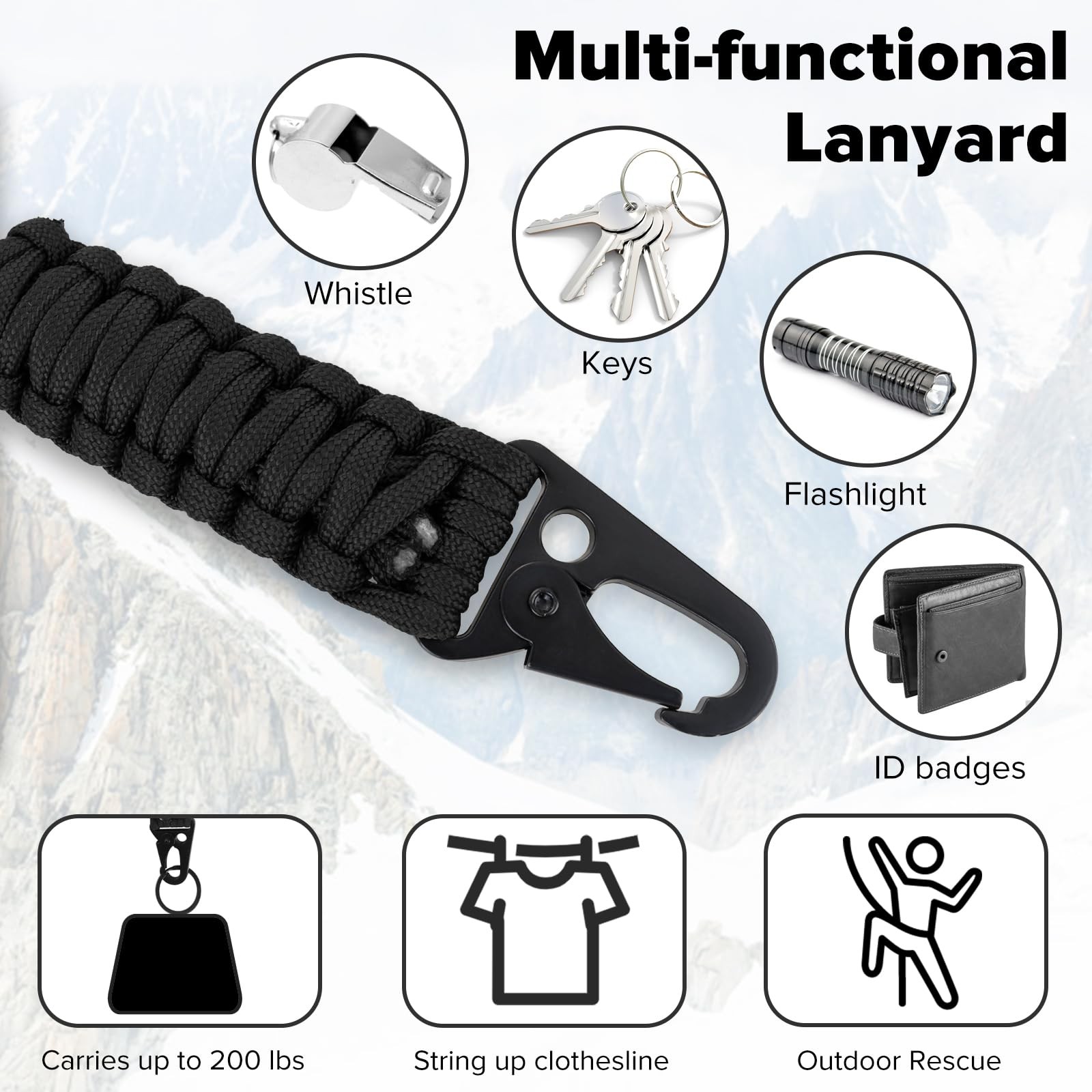 Tyqour 2Pcs Heavy Duty Paracord Lanyard Braided 16 cm x 24 x 1.8 cm, Black