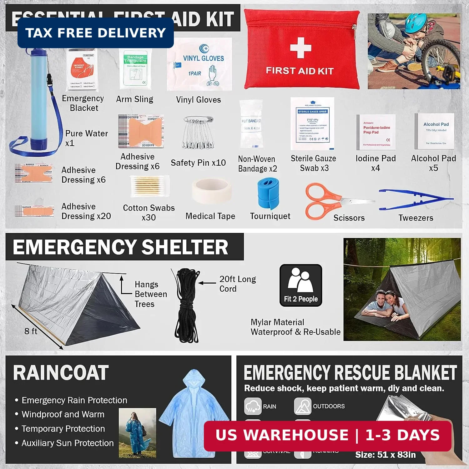Survival Kit, Survival Gear and Equipment 258 PCS with Water Filter, Emergency T