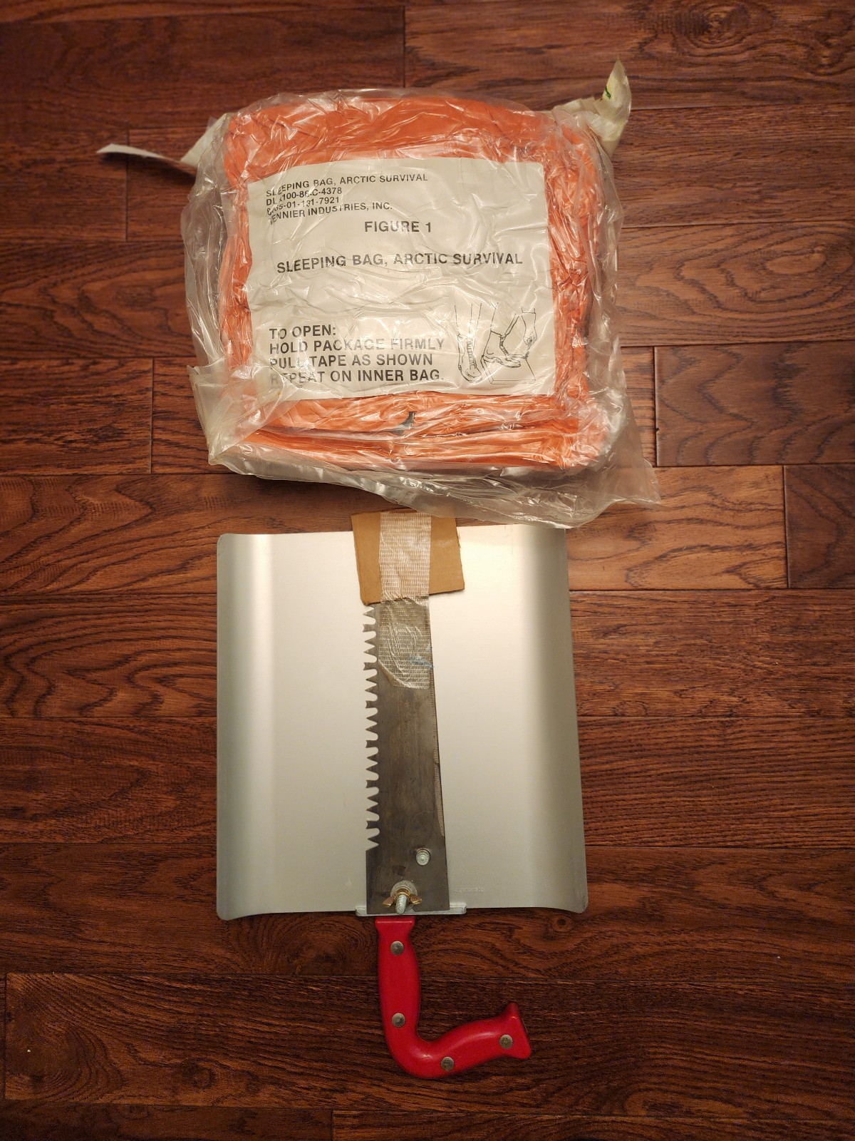 Sleeping Bag, Arctic Survival and Shovel/Saw tool from Cold Climate Survival Kit