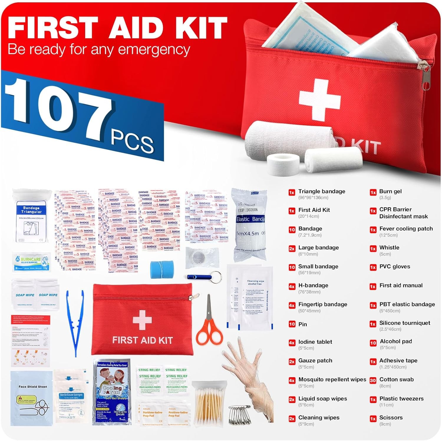 First Aid Kit for Home Car Travel 107 Piece Emergency Kits for Hiking Camping Sm