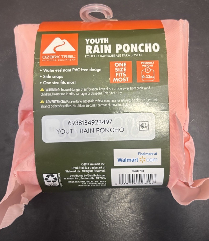NEW Ozark Trail Youth Rain Poncho One Size Fits Most Pink