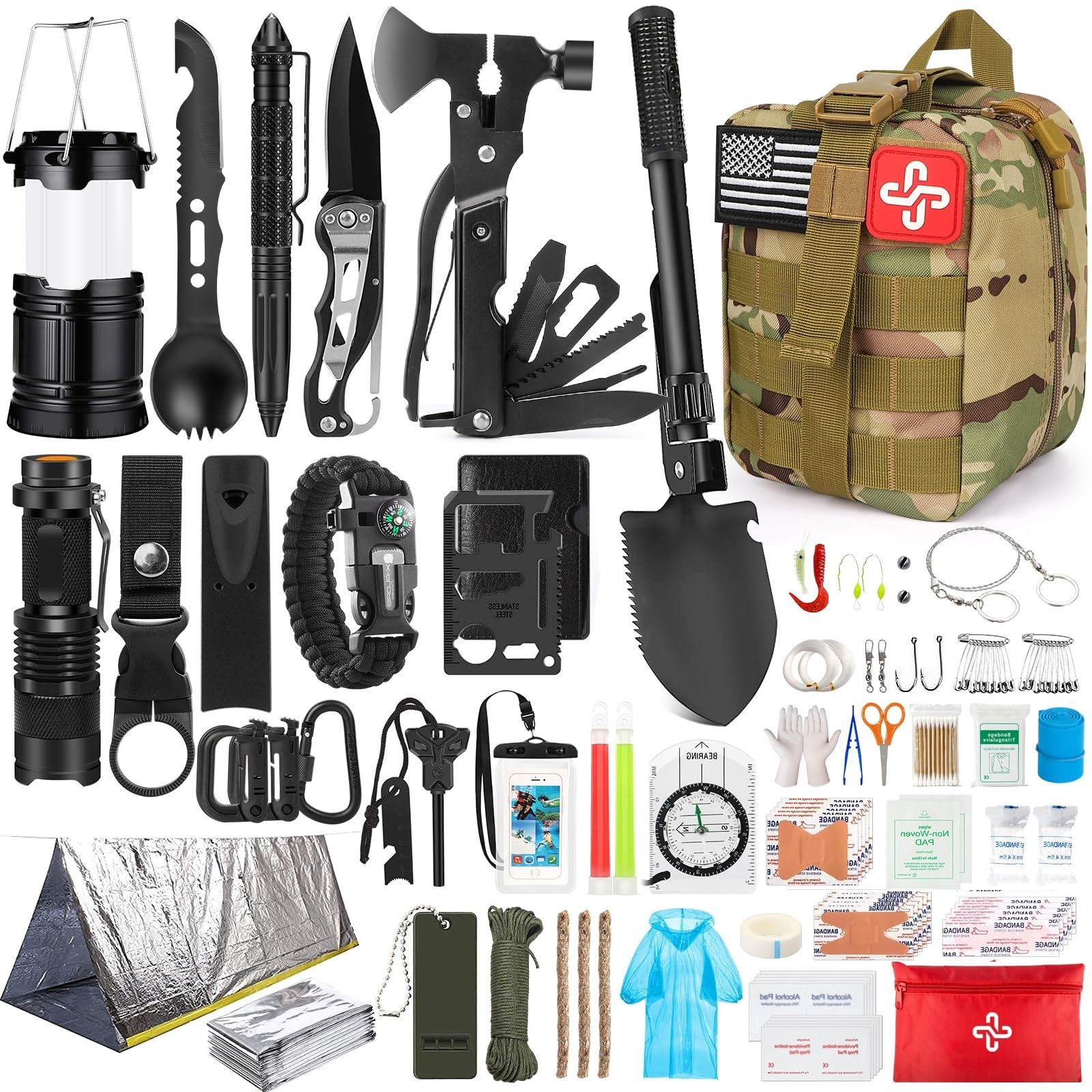 250Pcs Survival Gear Kit with Molle Bag & Emergency Tent – First Aid, Hiking, Ou