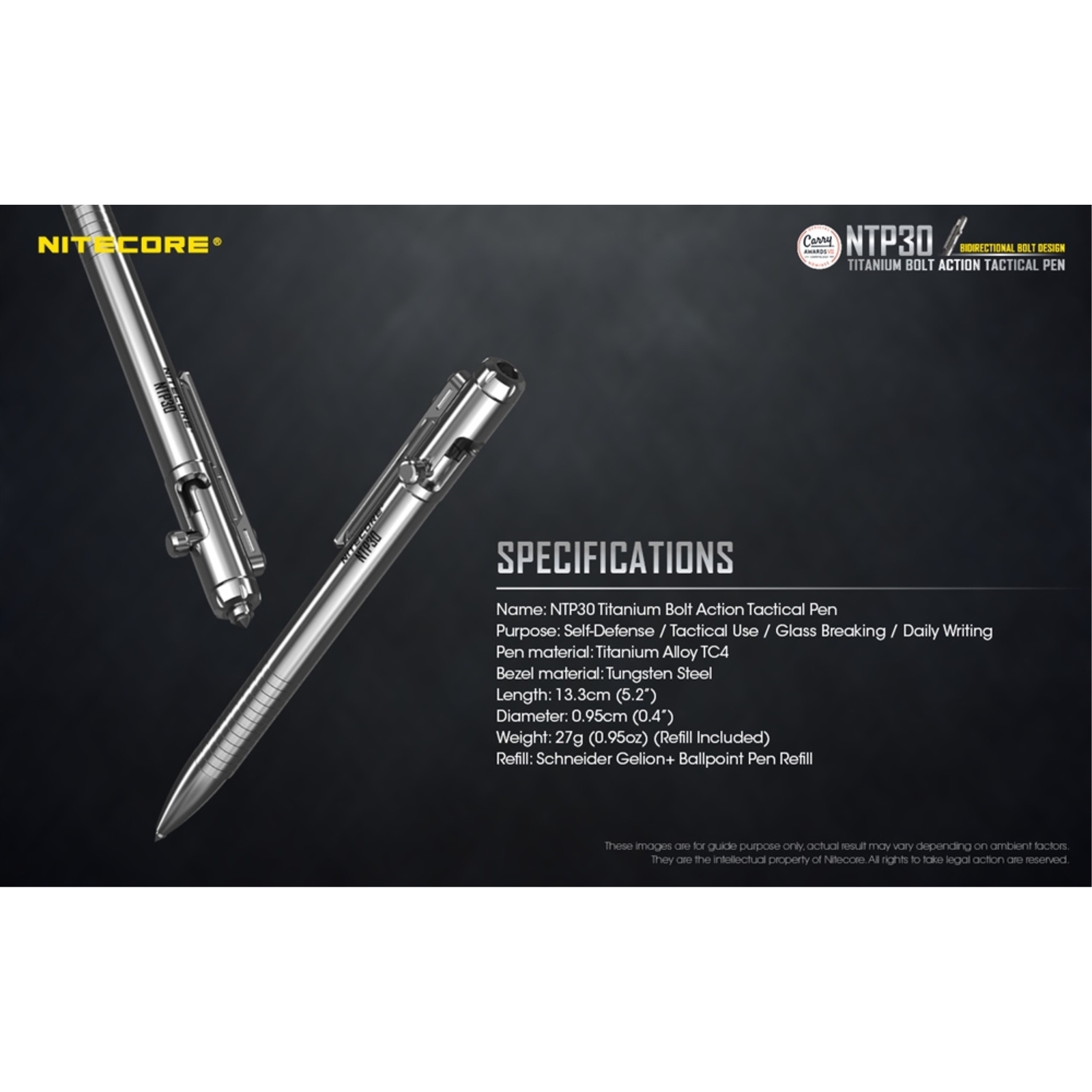 ~NEW~ Nitecore NTP30 Titanium Bidirectional Bolt Action Tactical Pen