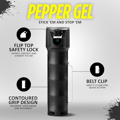 Pepper Gel for Self Defense,18-Foot Range, Flip-Top Safety, Belt Clip, black