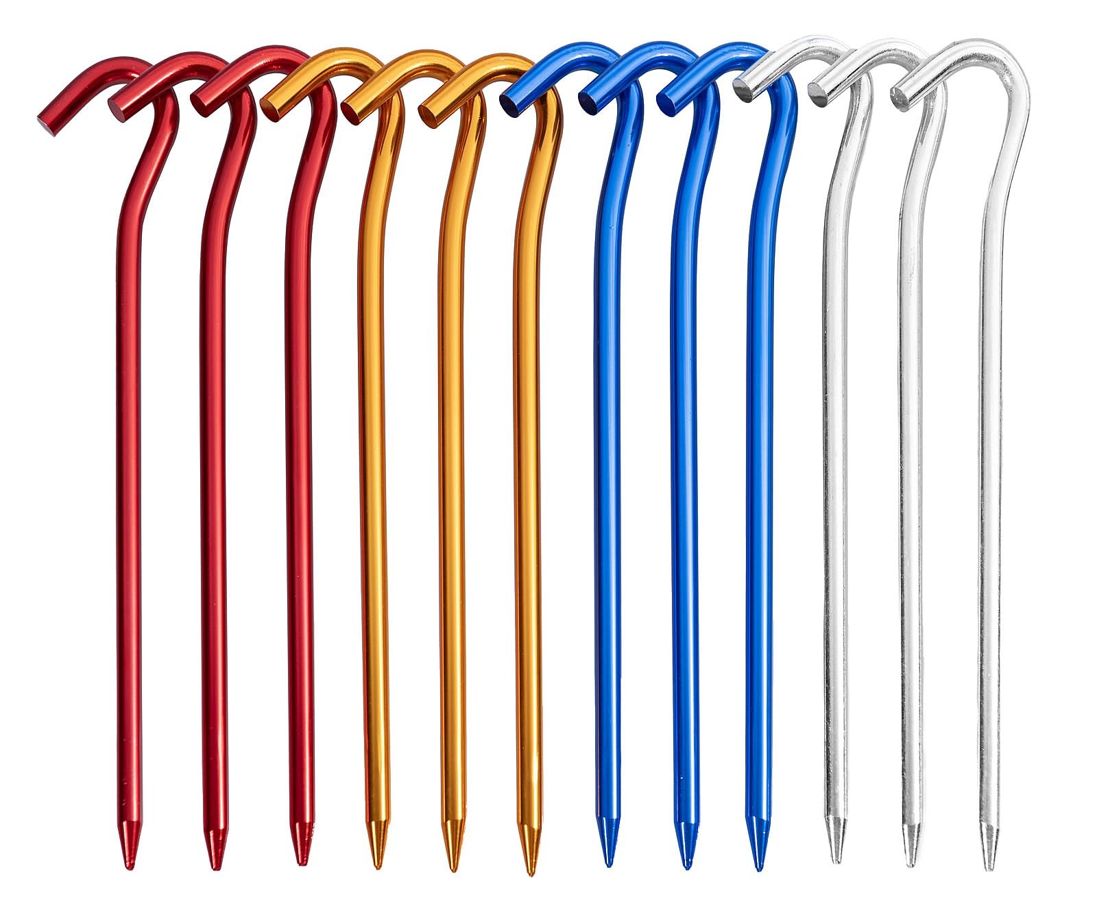 GOTTE 12 PCS Metal Tent Stakes Pegs with Hook for Red, Blue, Gold