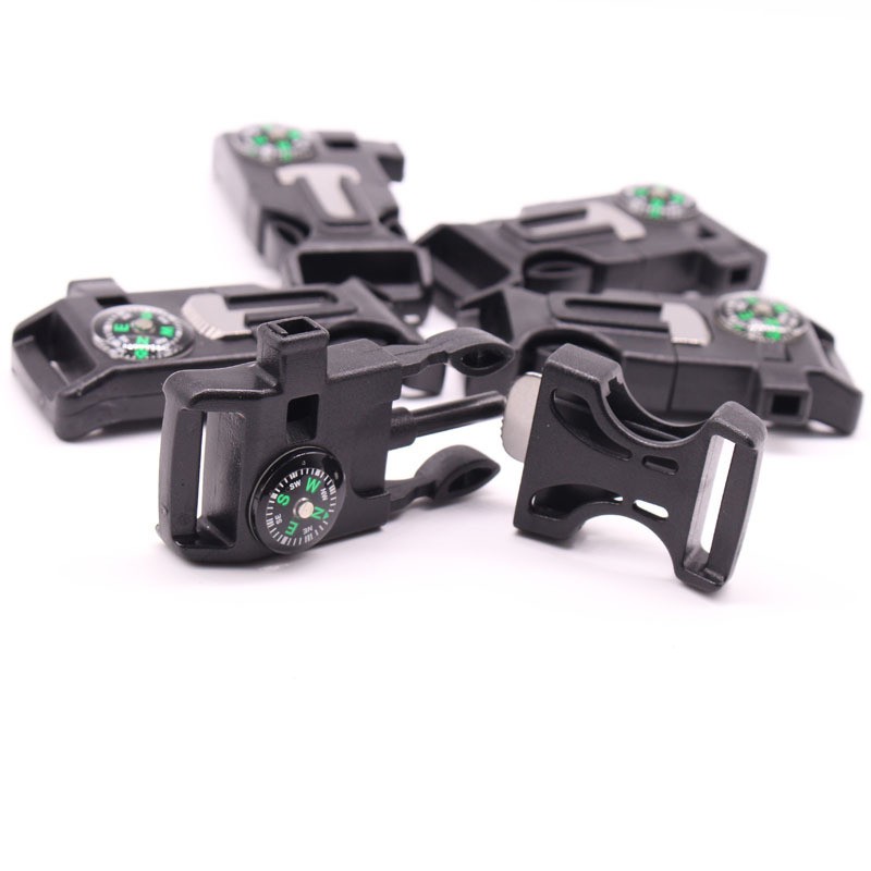 4pcs Outdoor Survival Buckle with Compass Whistle Fire Starter Black Backpack