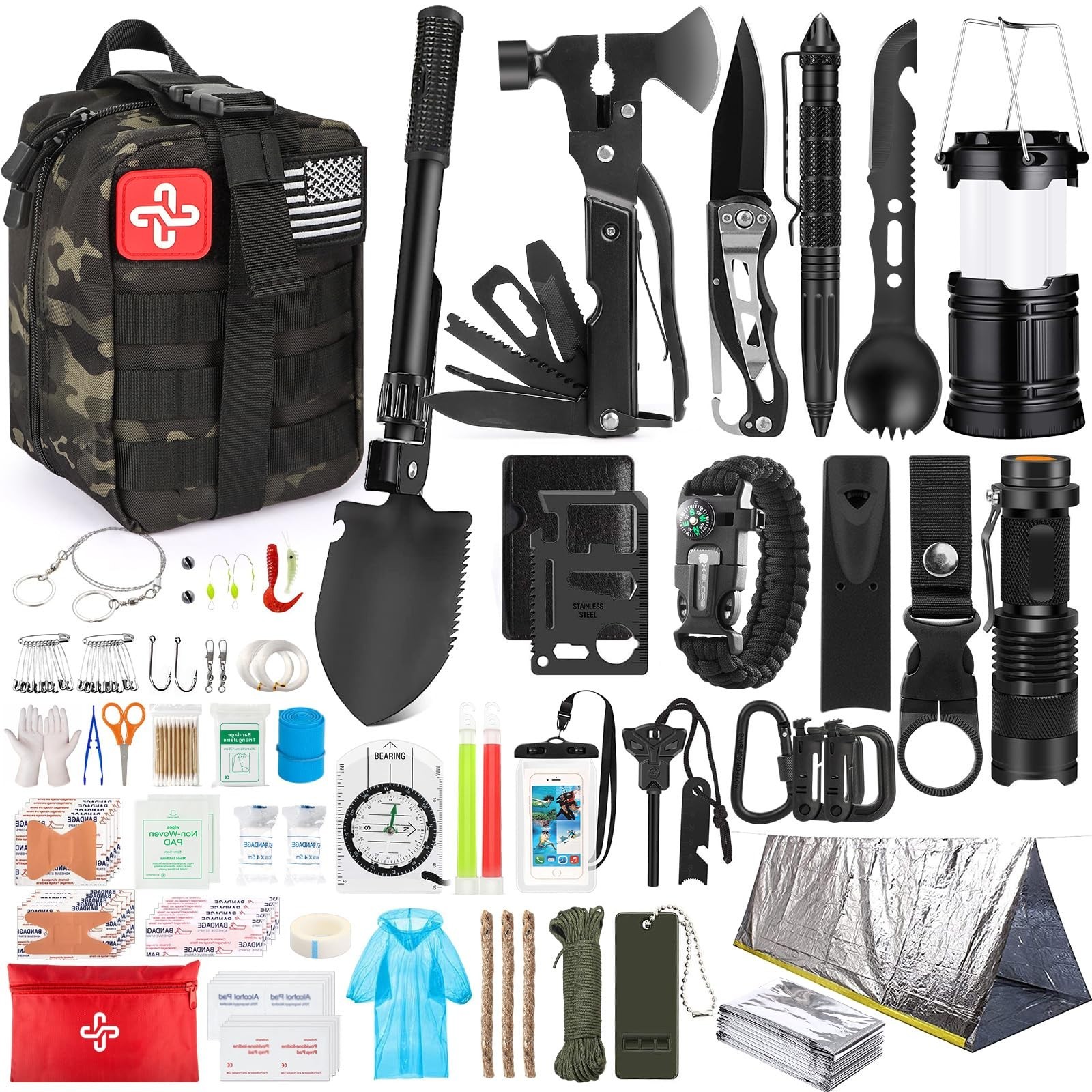 250Pcs Survival Gear Kit with Molle Bag & Emergency Tent for Hiking, Camping, Ea