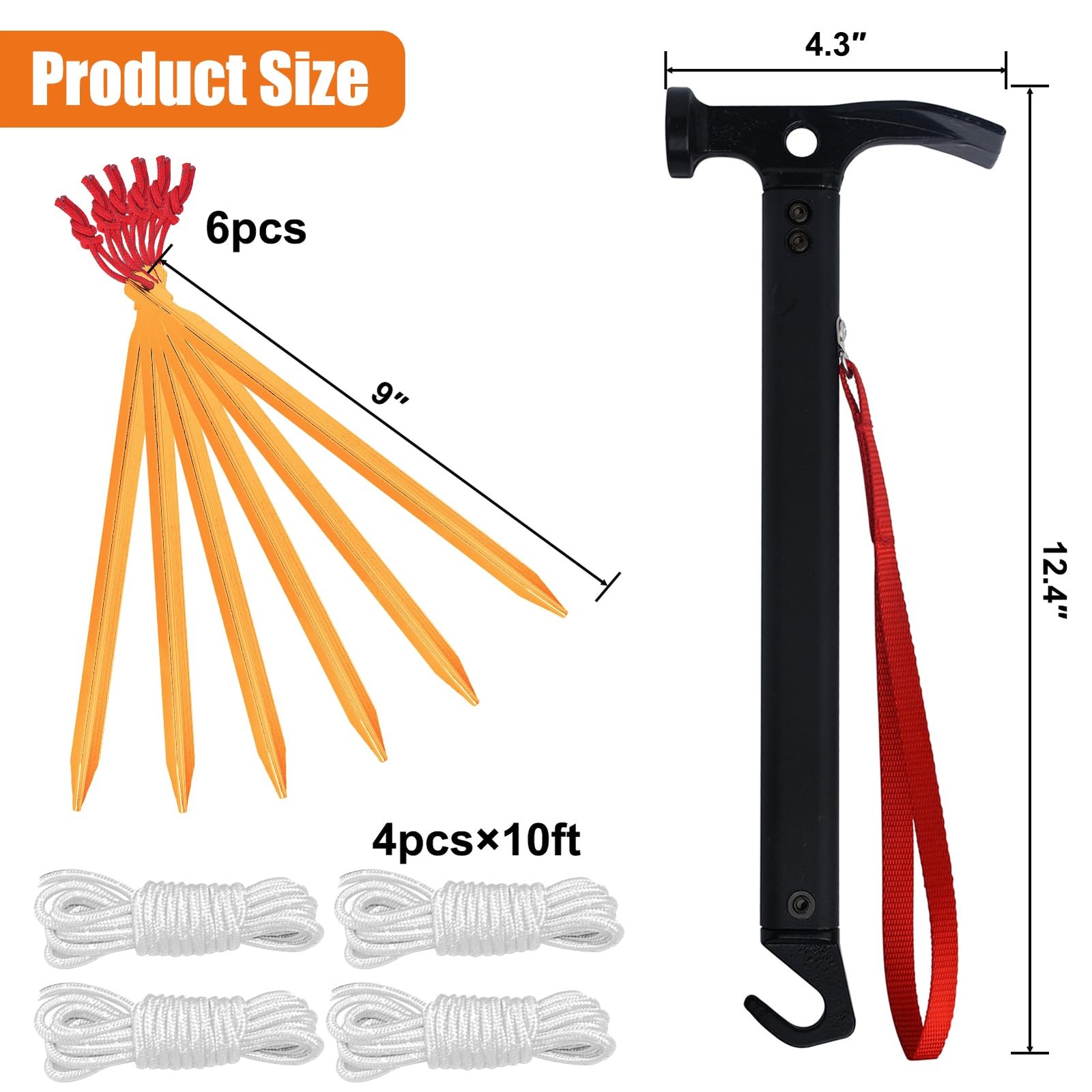 Eurmax USA Hiking Camping Tent Stakes and Hammer Set 9inch(6PCS), Gold