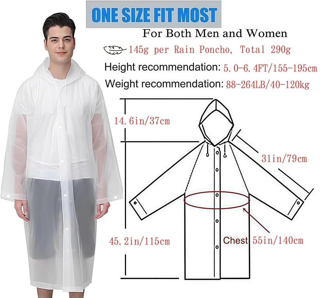 Rain Coat Poncho for Adult, 2 Pack Women Men Reusable Raincoats Emergency wit…