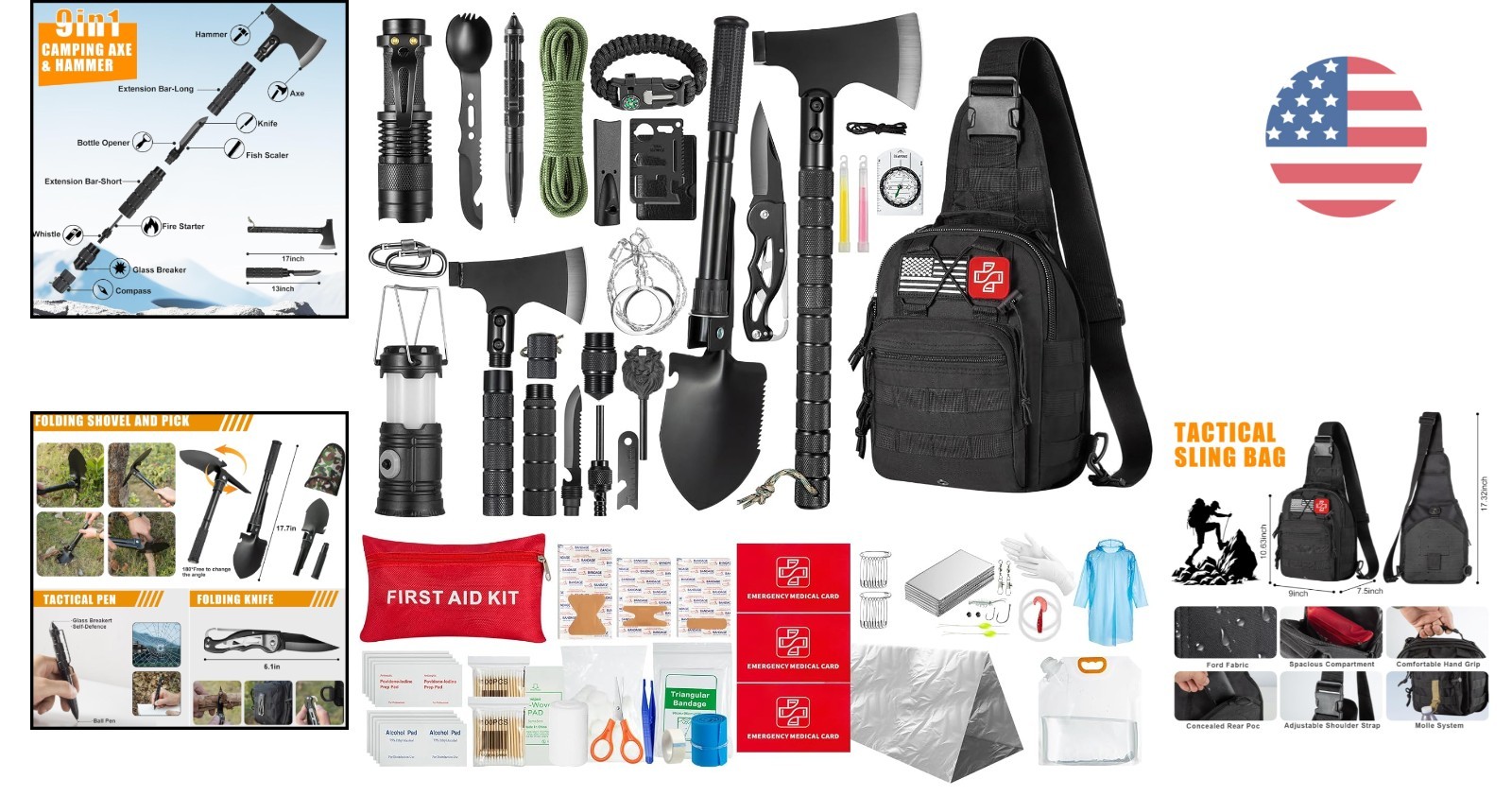 Outdoor Survival Kit with Carbon Steel Tools, First Aid & MOLLE-Compatible Bag