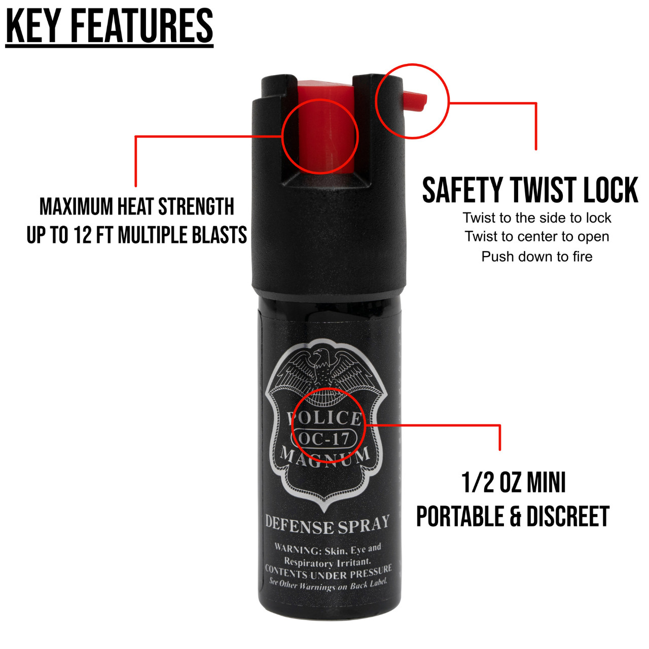 Police Magnum Pepper Spray 2 Pack 1/2oz Keychain B Holster Case w/Practice Spray