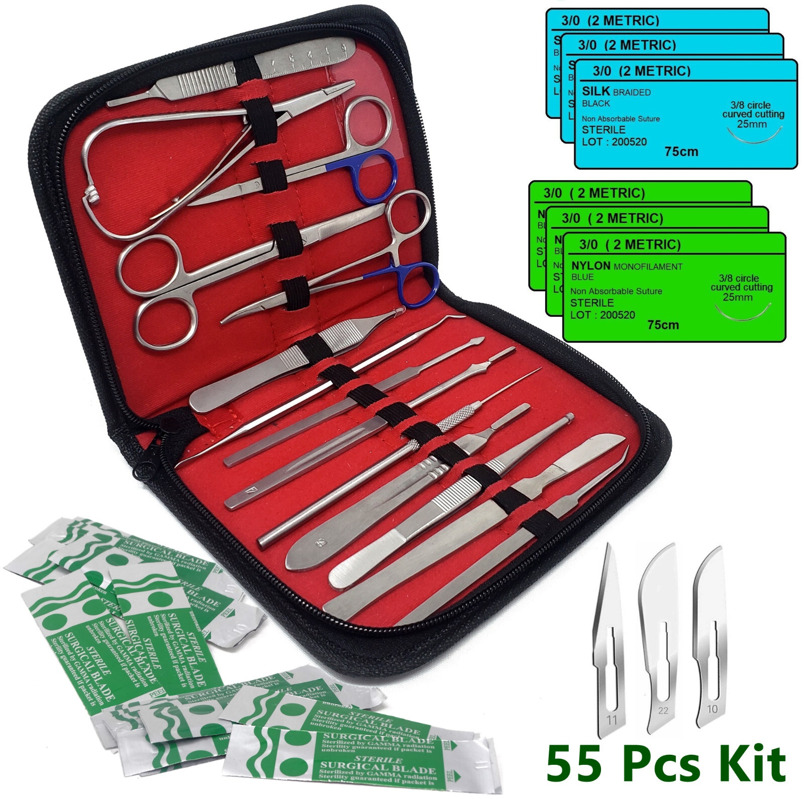 55 Pc Army Surgical Kit Sutures, Scalpel, Hemostats – Black – Military First Aid