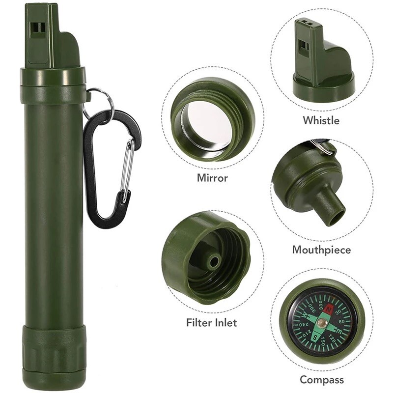 5-in-1 Military Grade Water Filter w/Whistle, Compass, Signal Mirror