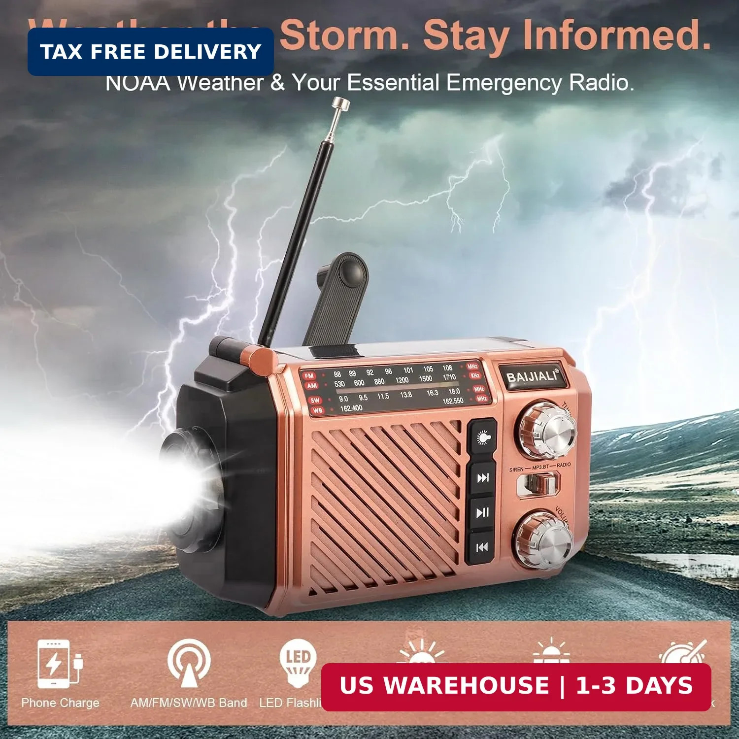 Hand Crank Emergency Weather Radio with 2600mAh/9620mWh Power Bank, NOAA AM FM S