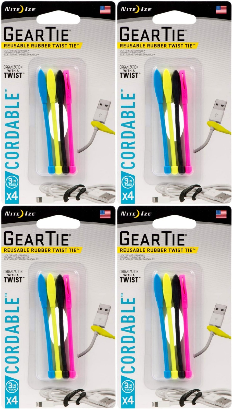 Nite Ize 4-Pack Gear Tie Cordable Twist Tie, 3″ – Assorted Colors (4-Pack)