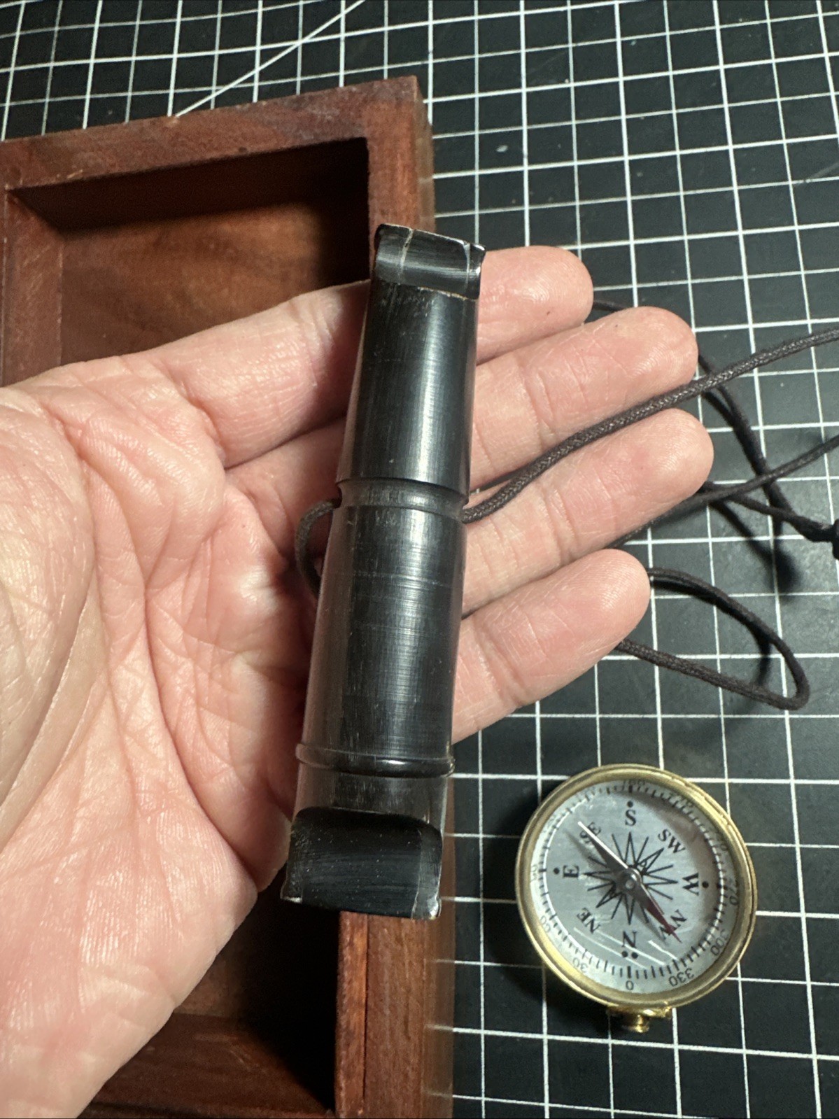 Rose Wood Survival Kit Storage Box With Vintage Compass And Whistle
