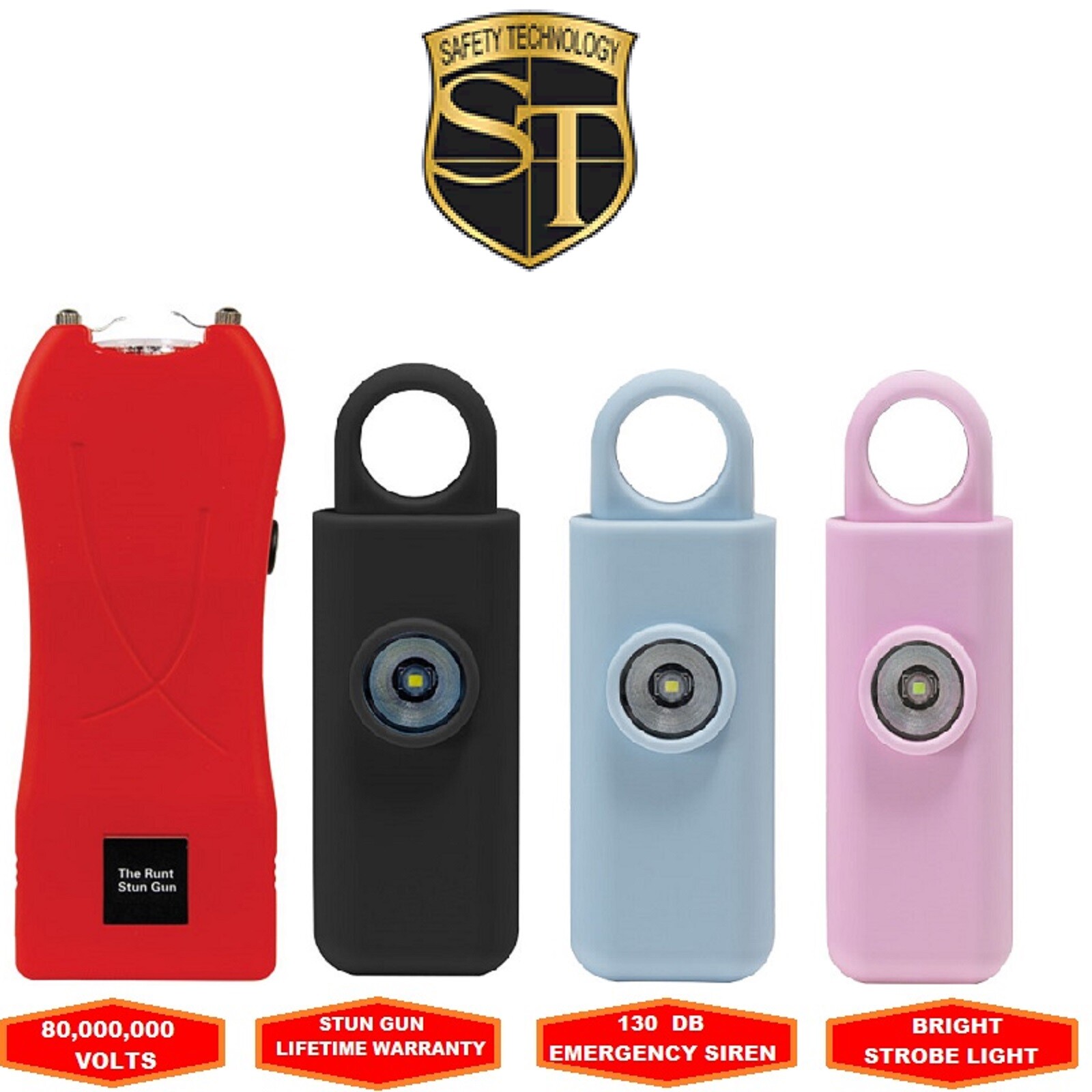 80 MV Runt Stun Gun Red 130 DB Siren Strobe Light Personal Alarm Self Defense