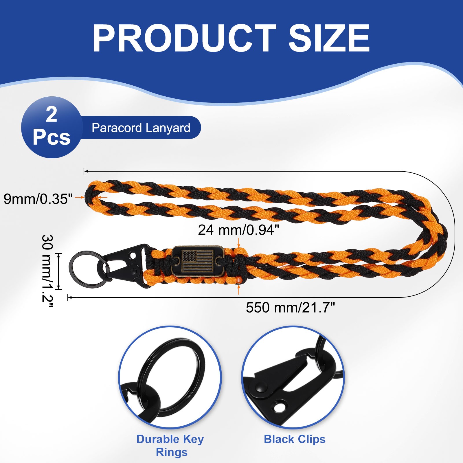 2Pcs Paracord Lanyard, Strong Lanyard with USA Flag, Orange and Black