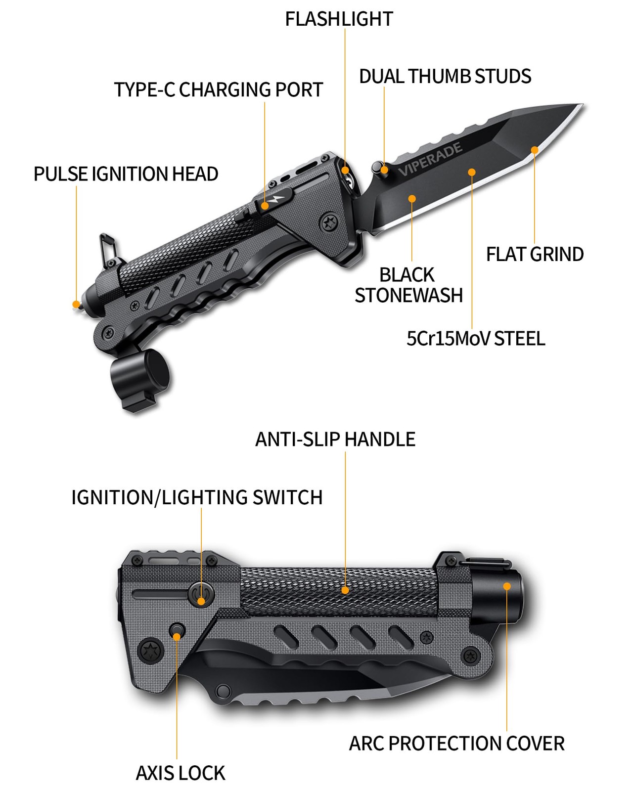 Viperade Vak6-S Survival Multitool Folding Knife Led Flashlight And Pulse