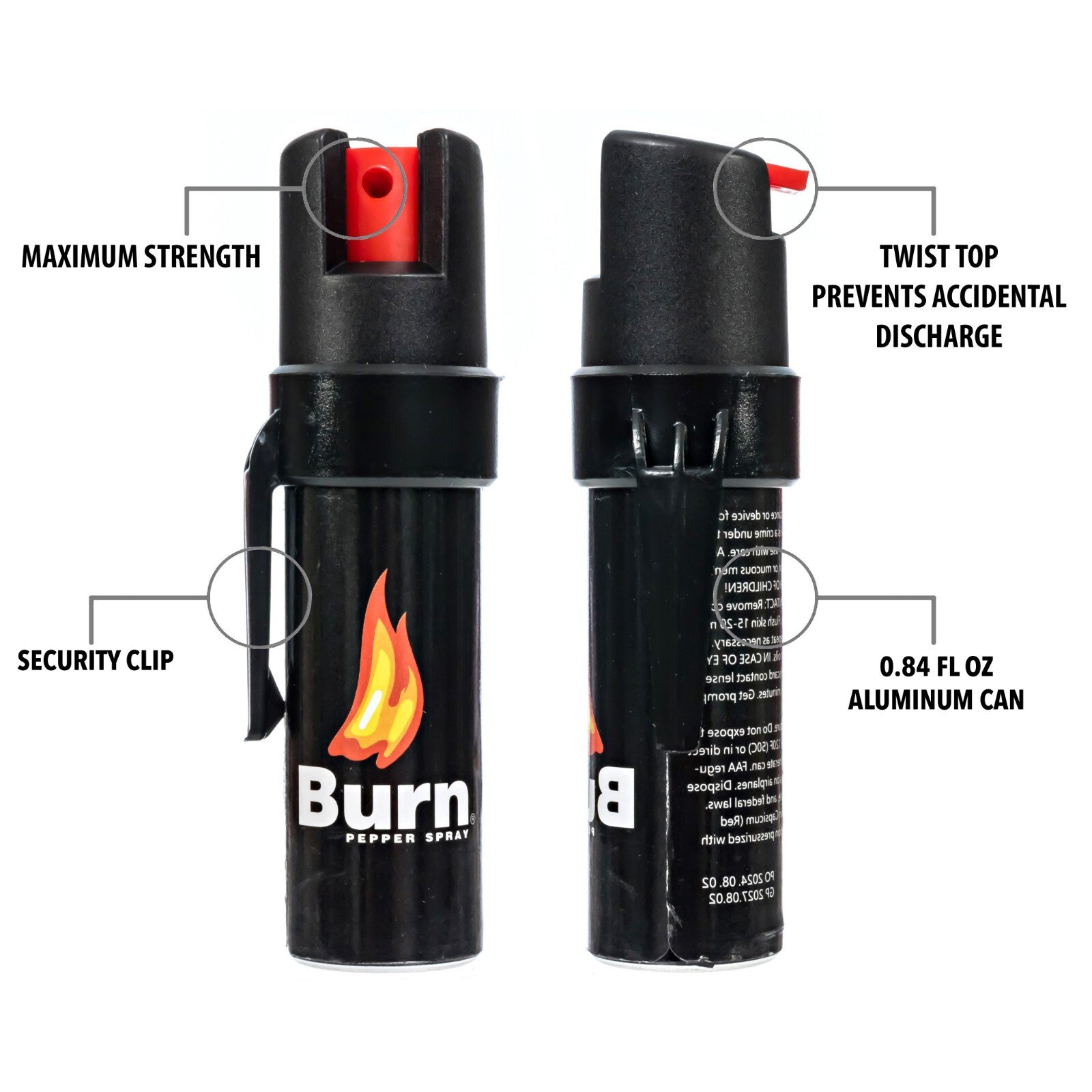 2 Pack Burn Pepper Spray for Self Defense with Security Clip – 0.84 fl oz Black