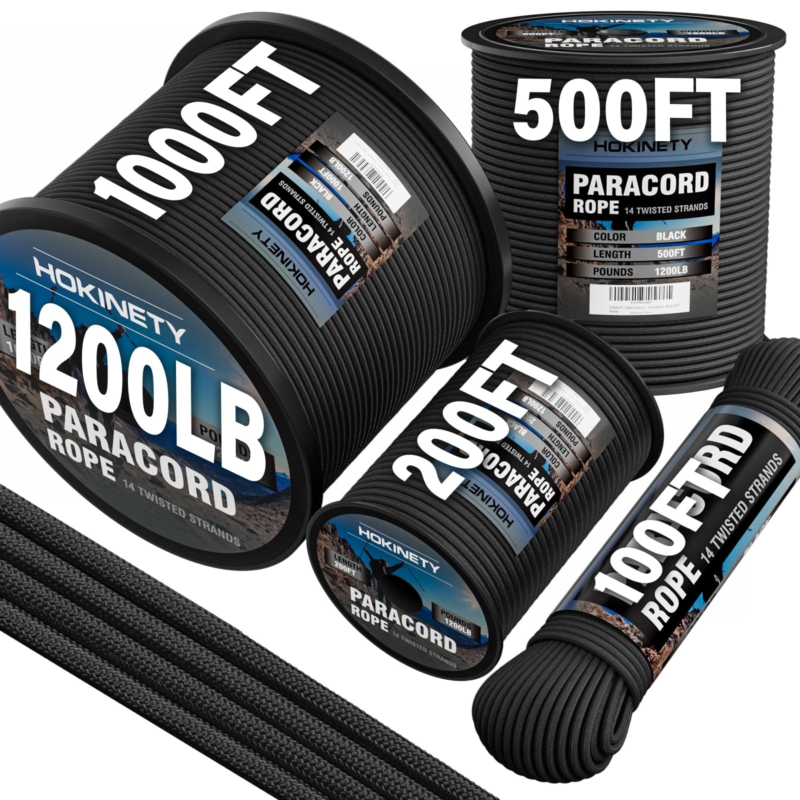 HOKINETY 1200 Paracord Rope – 4.4mm 14 Strand Nylon Parachute 50 ft, Black