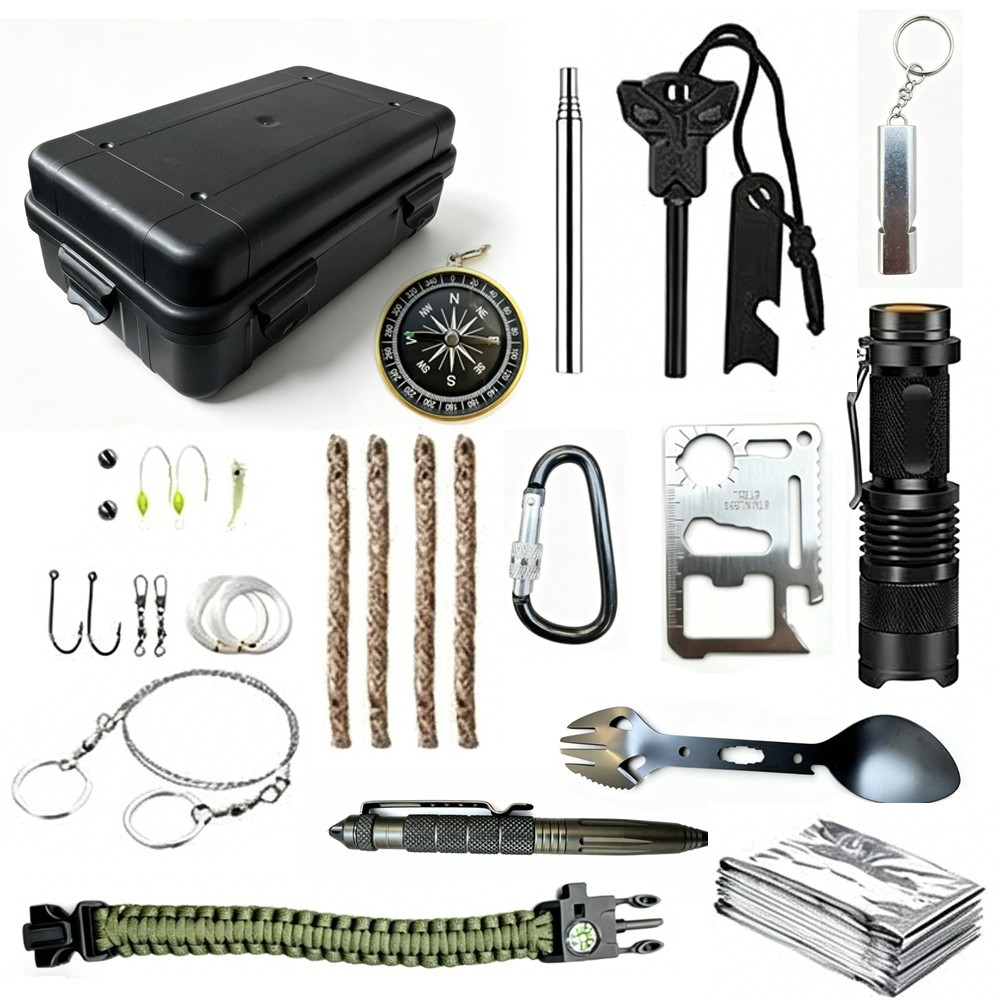 16Pcs Emergency Survival Kit Tactical Pen Spork Compass Camping Hiking First Aid