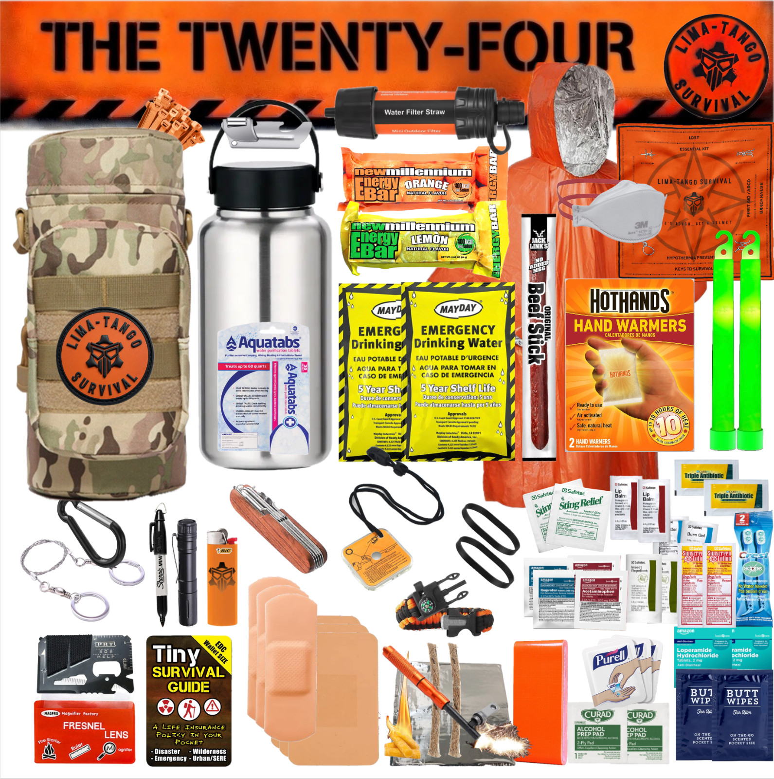 24 Hour Emergency Survival Water Bottle Molle Kit / EDC Kit / First Aid Kit