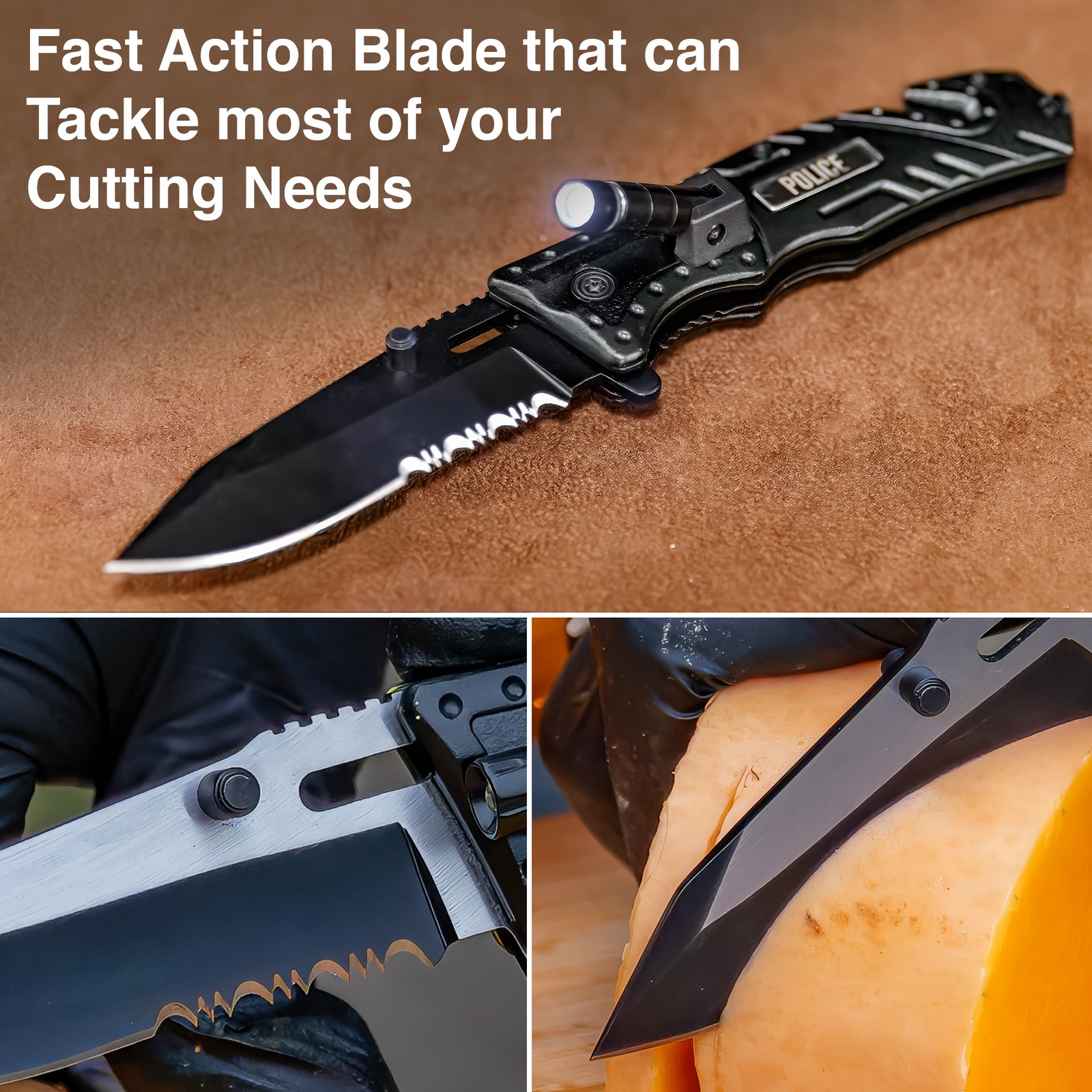 Lethal Defender Emergency Knife | LED Light Pocket Assisted Folding Police Black