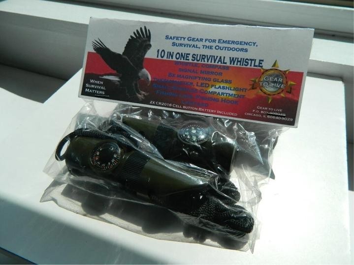 TWO (2) 10 IN 1 SURVIVAL WHISTLES WITH THERMOMETER COMPASS LED MORE FREE SS SAW